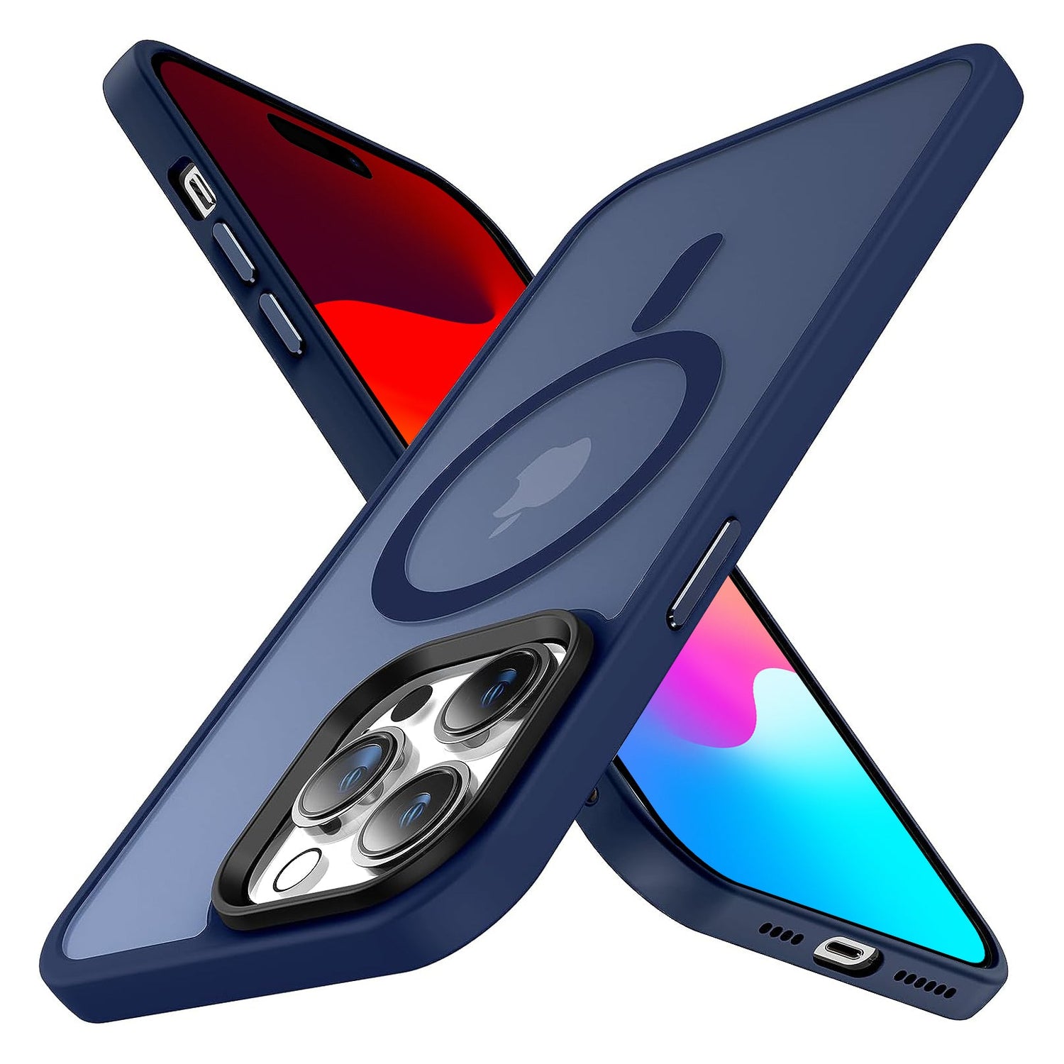 Zwei iPhones im MR PROTECT iPhone 14 Pro MagSafe Case Matt kreuzen sich im X-Design. Die blauen, stoßabsorbierenden TPU-Silikon-Hüllen von MR PROTECT zeigen das MagSafe-Muster mit sichtbaren Kameras und bunten Displays.