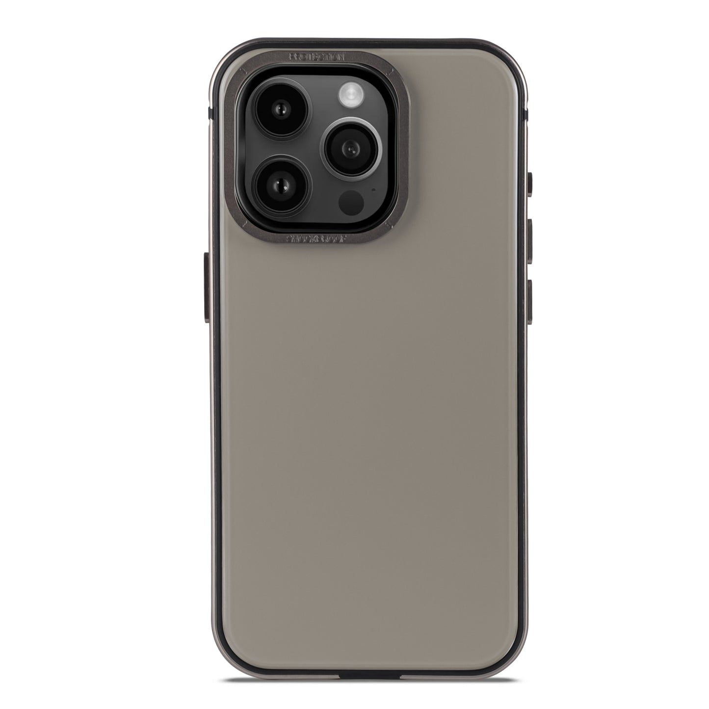 Das Arktis arktis iPhone 15 Pro Max Case AVANTGARDE wird in Beige und Schwarz gezeigt und verfügt über ein glattes, mattes Finish, eine Anti-Fingerabdruck-Rückplatte und präzise Aussparungen für die drei Rückkameras und den Blitz des iPhone 15 Pro Max.