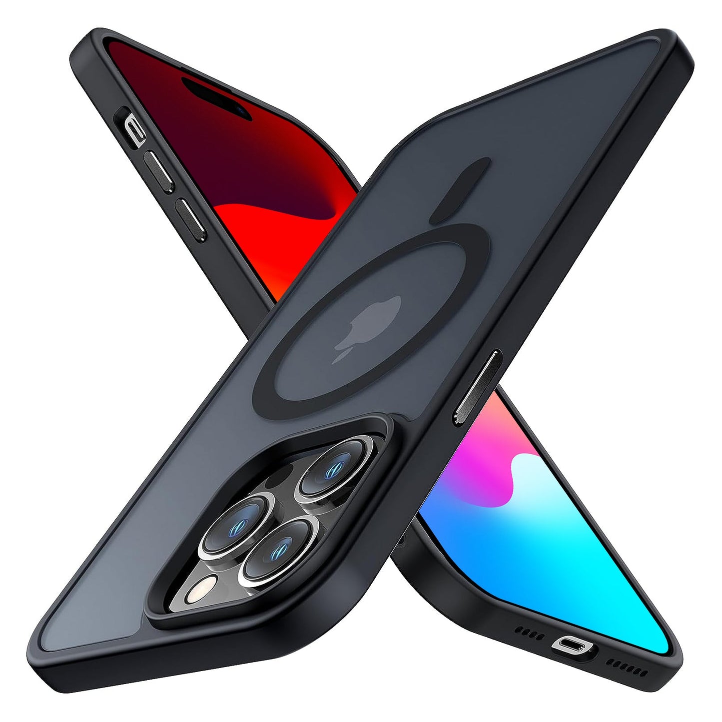Zwei MR PROTECT iPhone 15 Pro Max MagSafe Case Matt Hüllen in Schwarz, gekreuzt in X-Form auf weißem Hintergrund. Die stoßabsorbierenden TPU-Silikon-Hüllen zeigen farbige Bildschirme, sichtbare Kameramodule und Seitentasten.