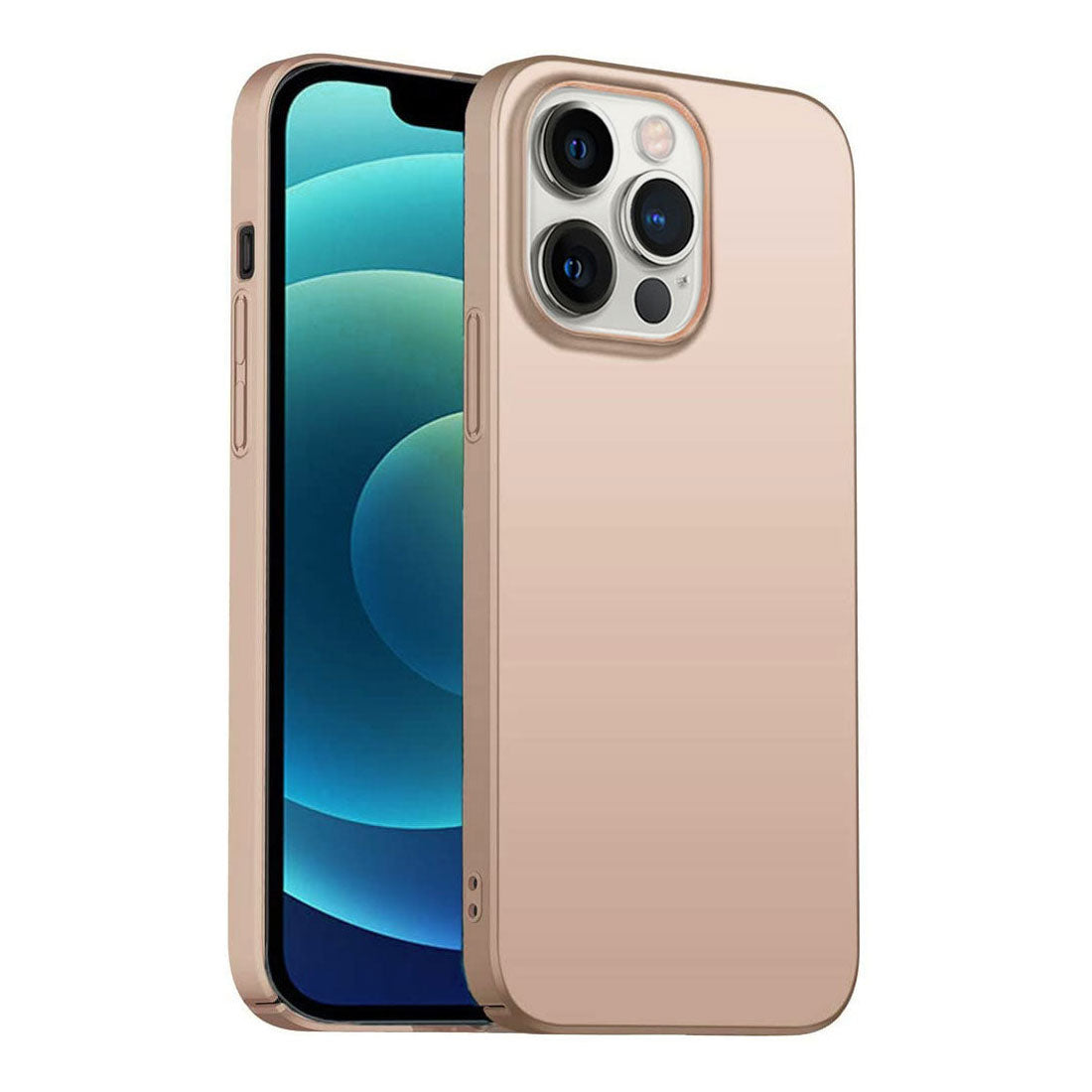 Das ArktisPRO iPhone 15 Pro Hülle UltraSlim Hardcase wird in schlichtem Metallic-Gold gezeigt und unterstreicht sein schlankes Design mit dem iPhone 15 Pro – ein Telefon zeigt die Dreifachobjektivkamera, während ein anderes einen Bildschirm mit blauem Farbverlauf aufweist.
