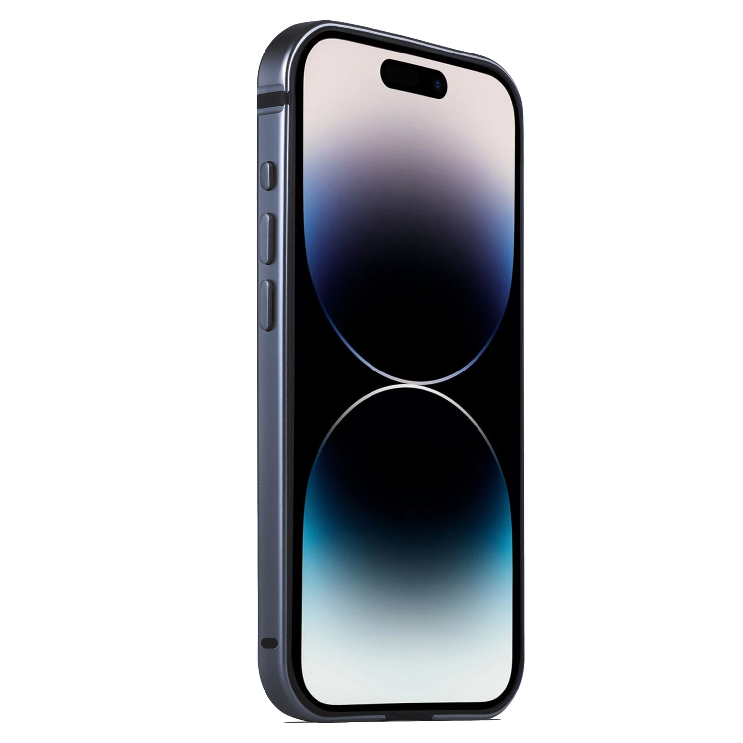 Ein Smartphone mit schwarzem Aluminiumrahmen und abgerundeten Kanten wird aus der schrägen Seitenansicht gezeigt. Der Bildschirm ist mit abstrakten Kreisen in Blau, Schwarz und Weiß gestaltet. Ideal für Ihr Arktis iPhone 15 Pro Case AVANTGARDE von Arktis.