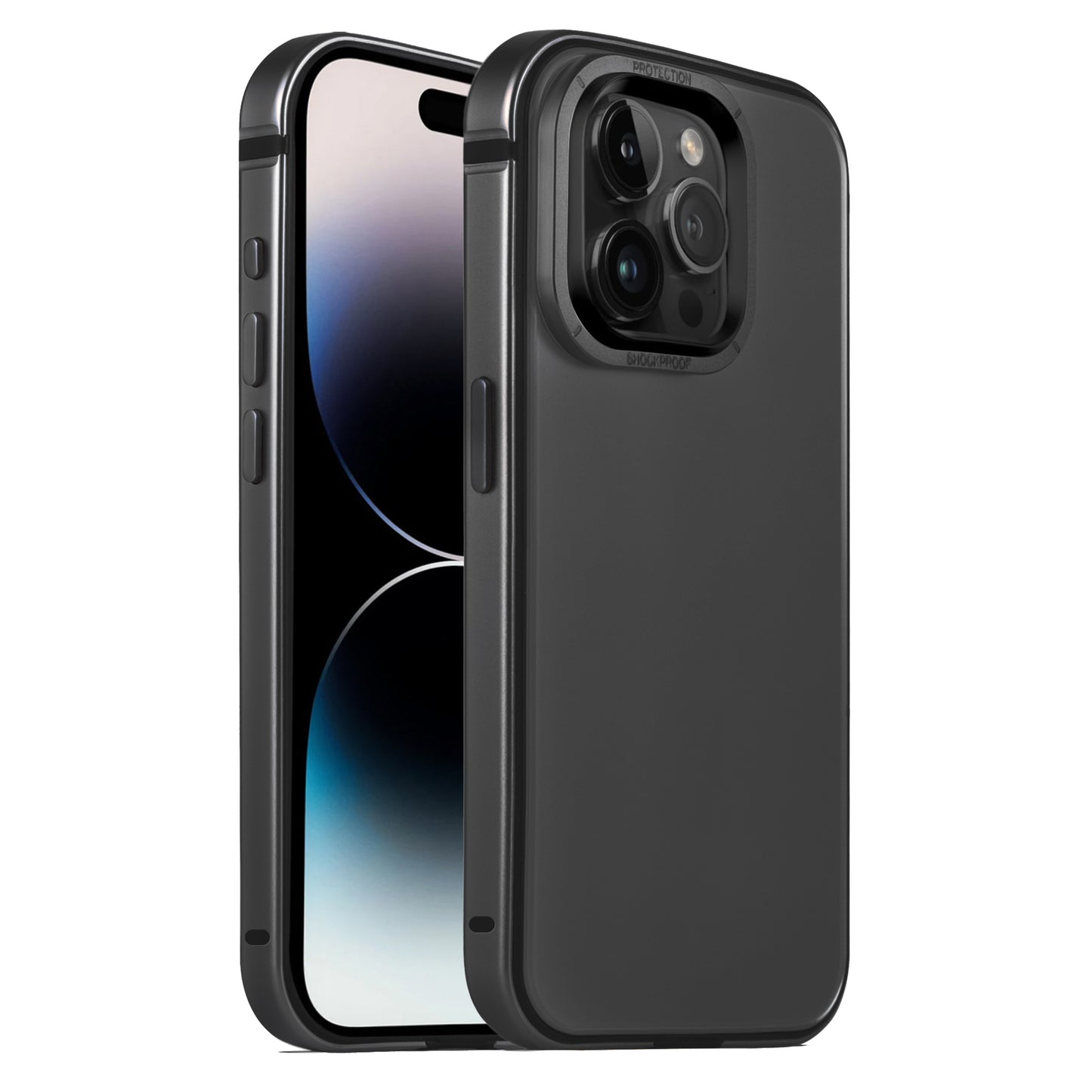 Das Arktis iPhone 15 Pro Case AVANTGARDE in Schwarz zeigt ein iPhone 15 Pro mit drei Rückkameras und Blitz. Die Hülle verfügt über eine Anti-Fingerabdruck-Rückplatte, präzise Aussparungen und einen schlichten Farbverlaufshintergrund.
