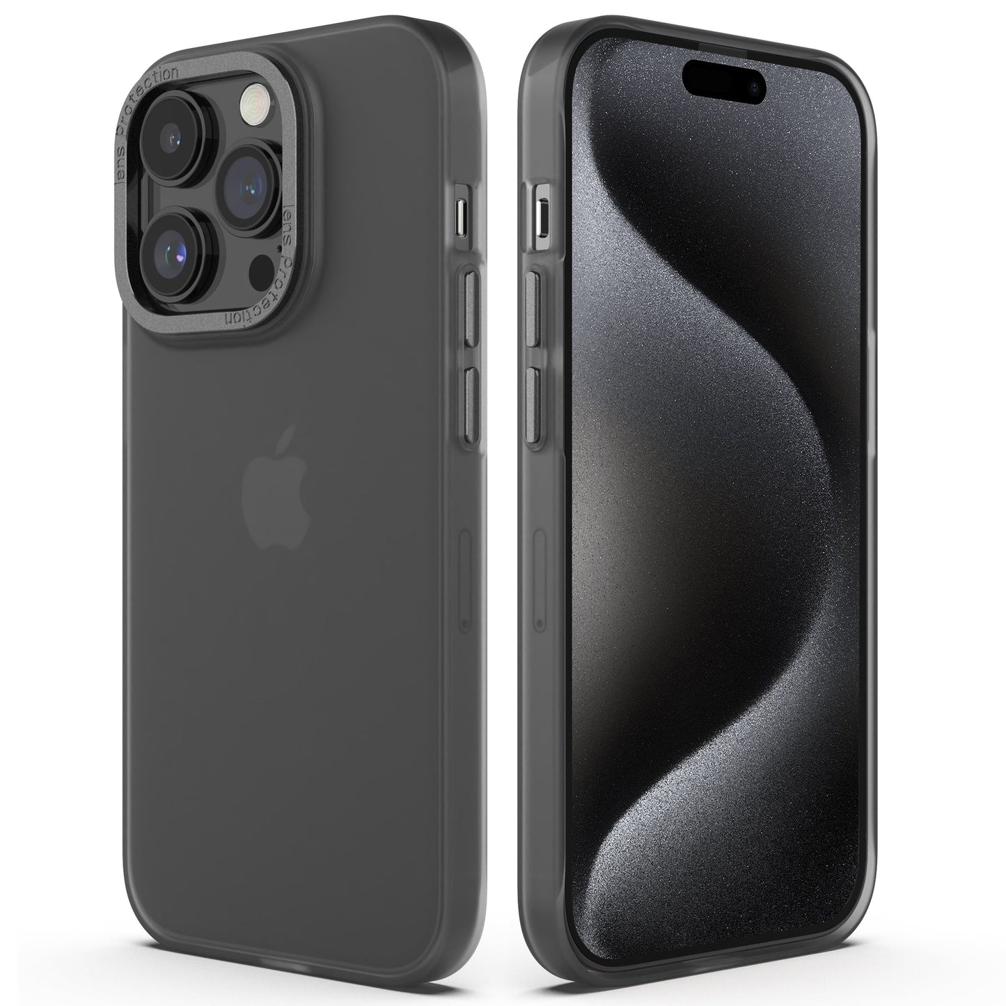 Zwei schwarze iPhone 15 Pro Max-Geräte mit dreifacher Rückkamera zeigen ein wellenförmiges abstraktes Hintergrundbild und werden durch das MR PROTECT iPhone 15 Pro Max FROZEN-Case mit durchscheinendem Design geschützt.