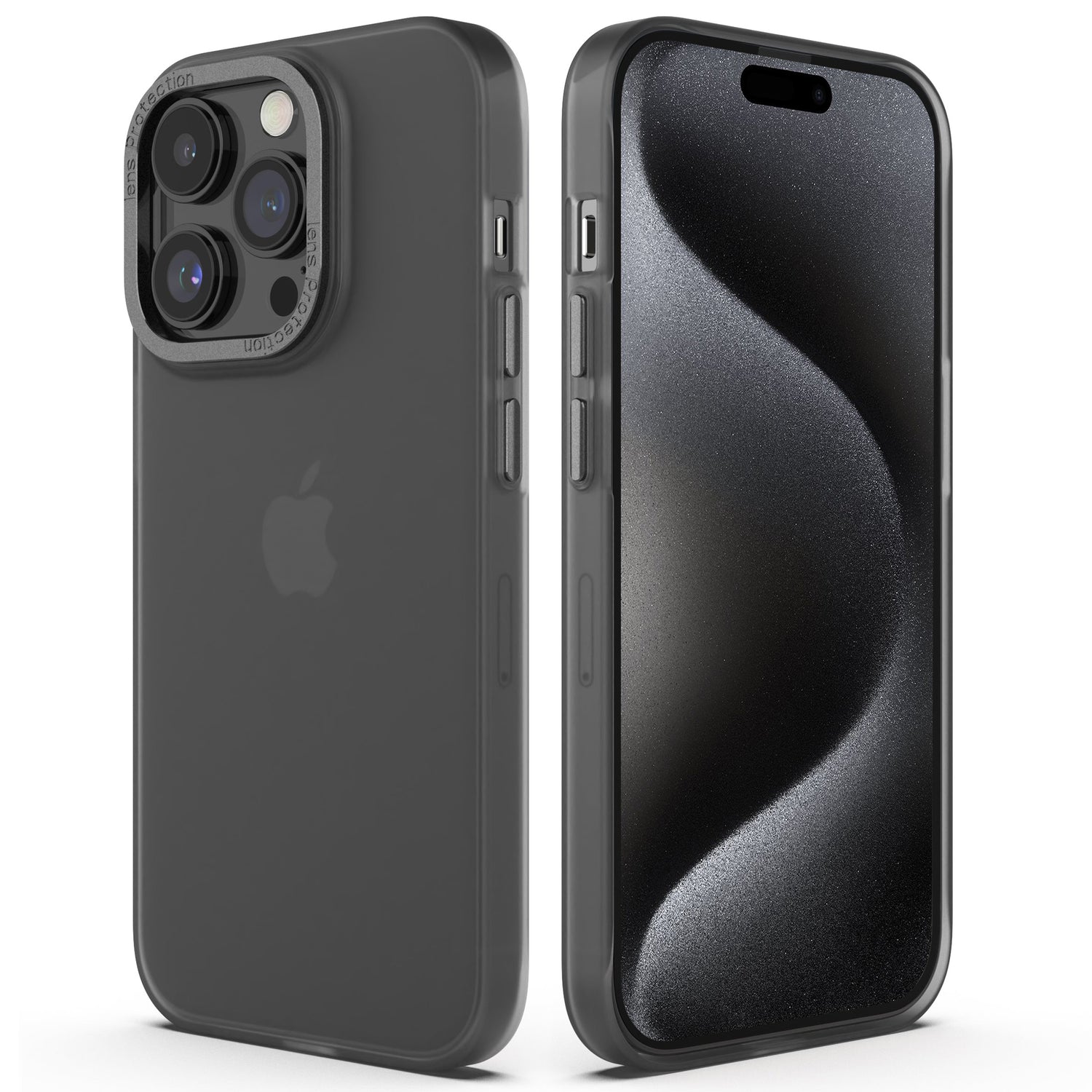 Zwei schwarze iPhone 15 Pro Max-Geräte mit dreifacher Rückkamera zeigen ein wellenförmiges abstraktes Hintergrundbild und werden durch das MR PROTECT iPhone 15 Pro Max FROZEN-Case mit durchscheinendem Design geschützt.