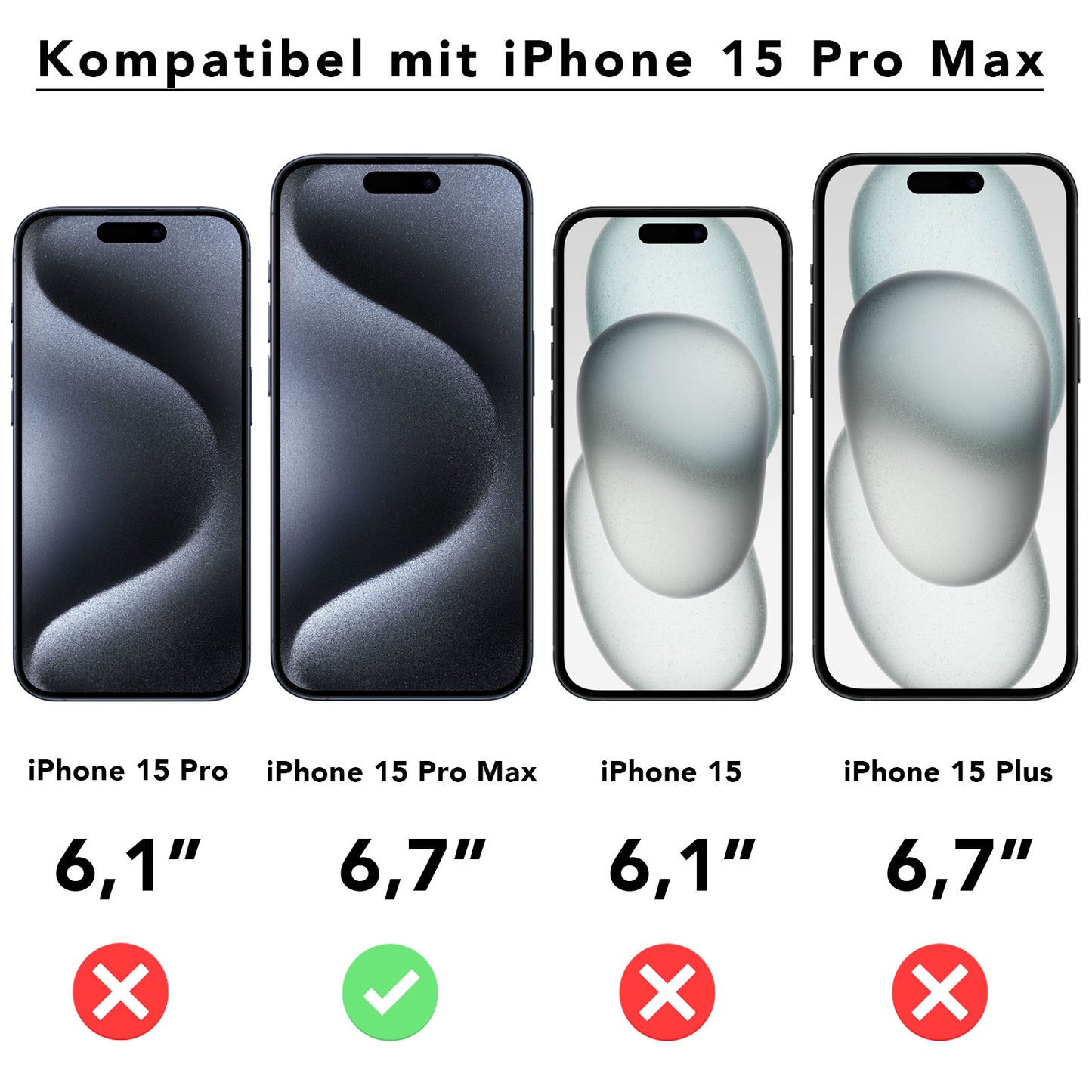 Eine Vergleichstabelle zeigt vier iPhones und ihre Bildschirmgrößen; nur das iPhone 15 Pro Max ist mit dem arktis 2er Set REVOLUTION Glas-Displayschutz kompatibel, das eine EZ.INSTALL Box zur einfachen Anwendung enthält.