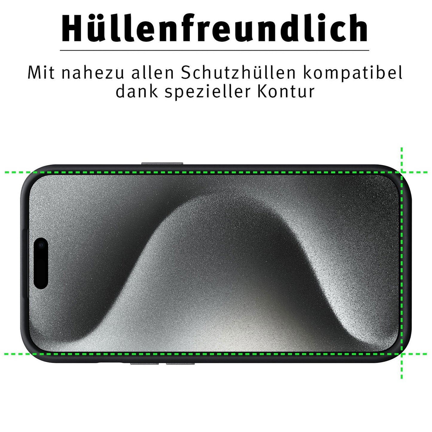 Das ArktisPRO iPhone 15 Pro FULL COVER Displayschutz GLAS verfügt über 9H Härtegrad, oleophobe Schicht, grünen Rahmen und ist hüllenfreundlich – kompatibel mit den meisten Schutzhüllen.