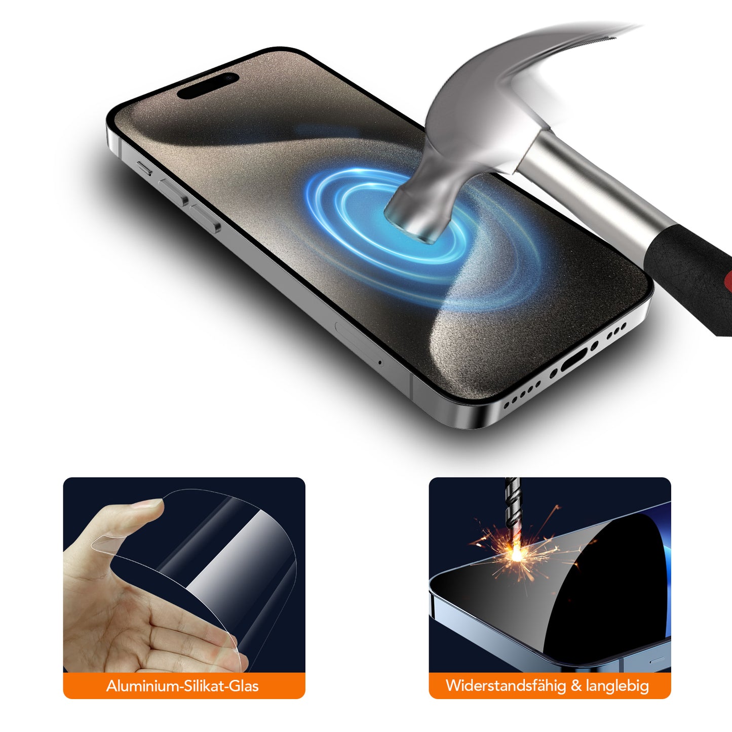 Ein Hammer schlägt auf einen Smartphone-Bildschirm und demonstriert die Haltbarkeit des Arktis 2er Set iPhone REVOLUTION Glas-Displayschutz; Einschübe heben seine oleophobe Beschichtung und den starken iPhone-Glasschutz hervor.