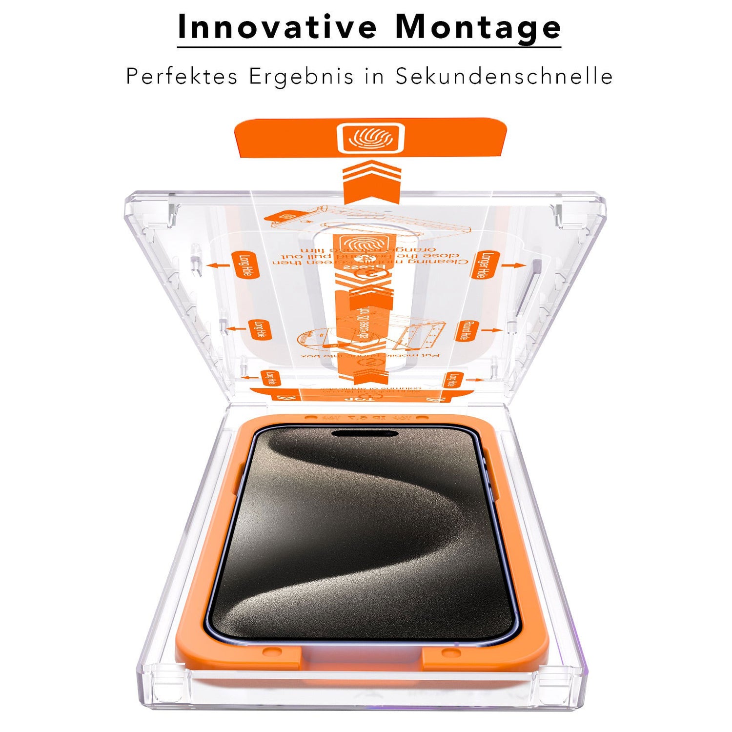 Ein Arktis 2er Set iPhone REVOLUTION Glas-Displayschutz von Arktis in einer orangefarbenen Hülle in einer transparenten EZ.INSTALL-Box, mit deutschem Text oben, der die oleophobe Beschichtung hervorhebt.