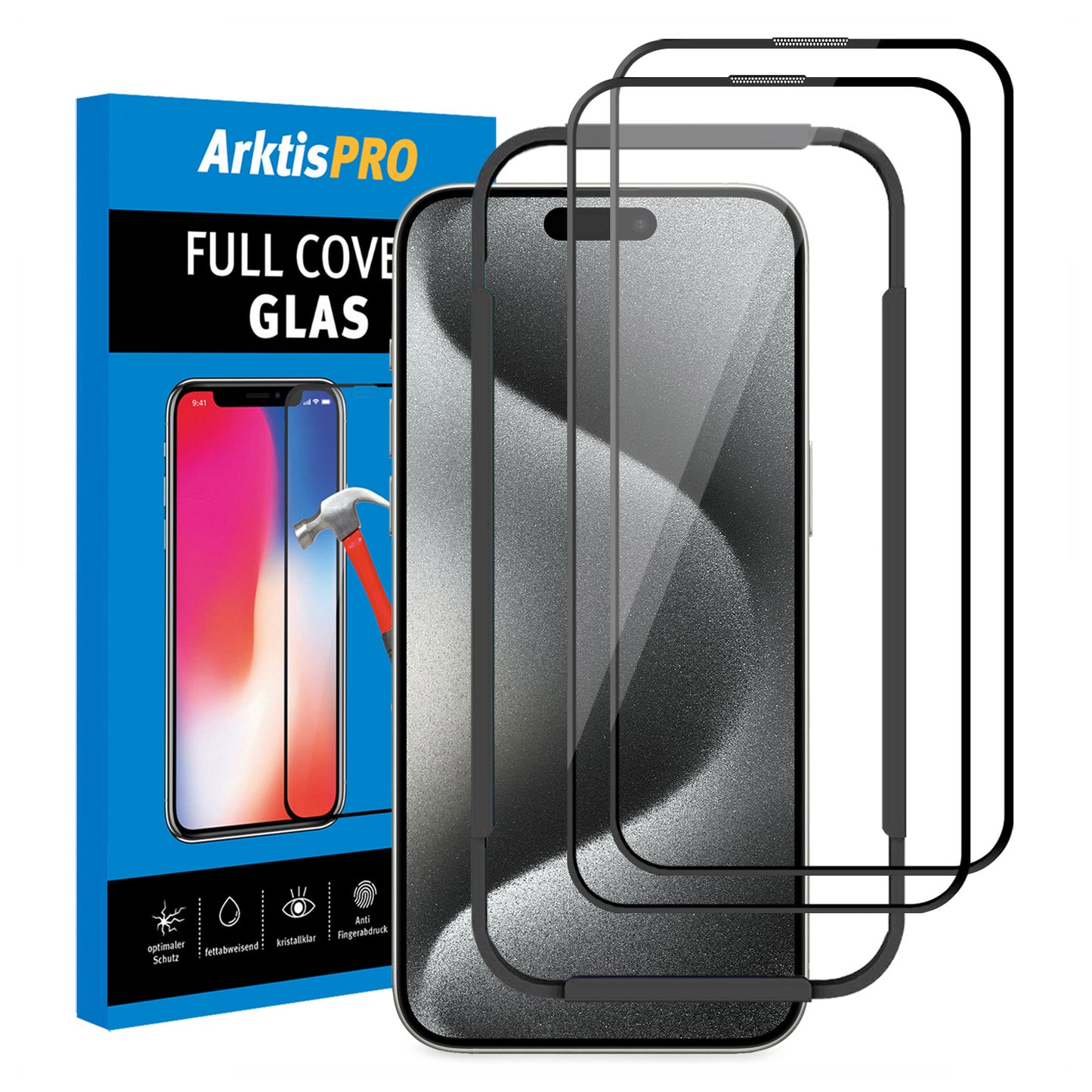 ArktisPRO iPhone 15 Pro Max FULL COVER Displayschutz GLAS - hüllenfreundlich - 2er Set