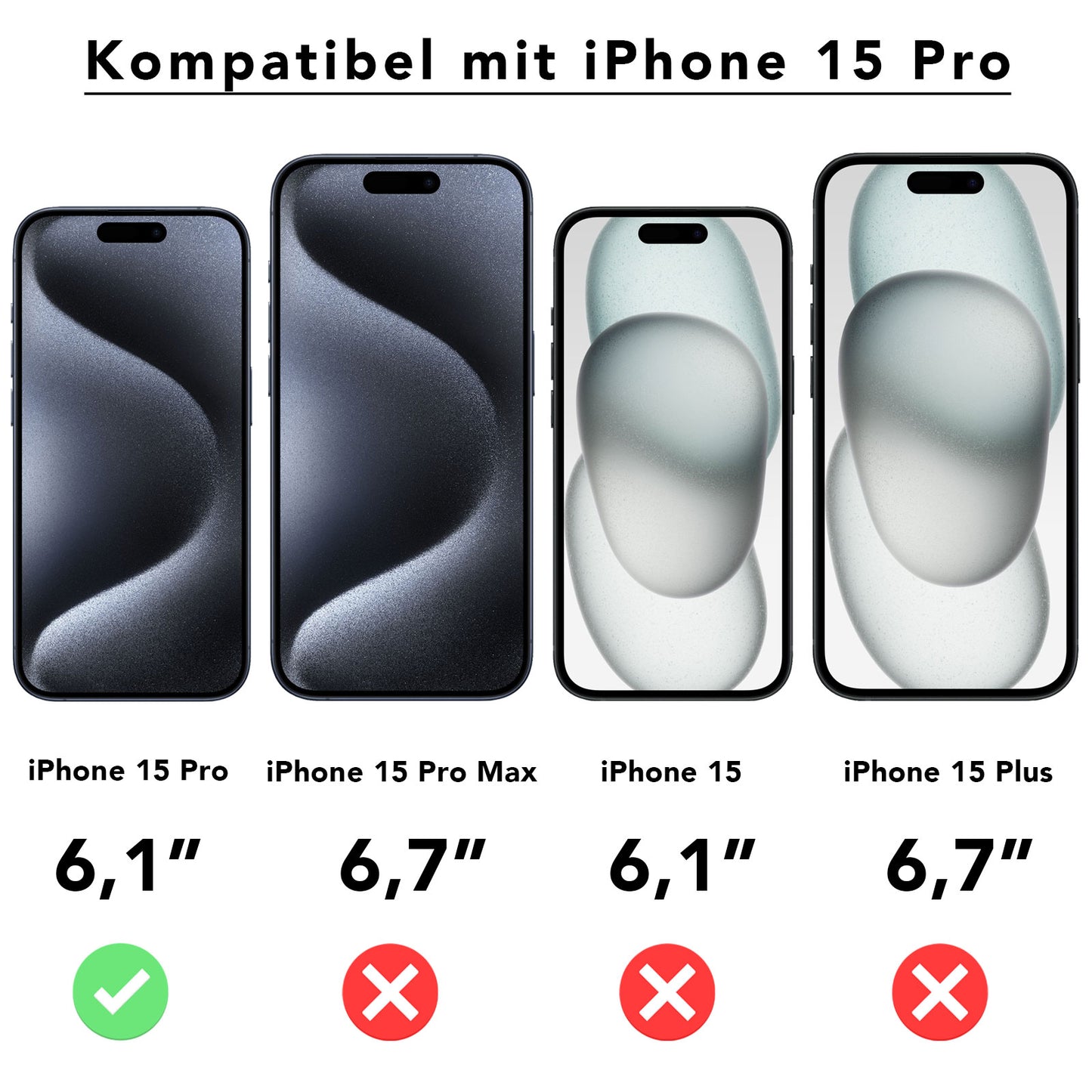 Vier iPhone-Modelle werden mit Namen und Bildschirmgrößen angezeigt: iPhone 15 Pro (6.1), 15 Pro Max (6.7), 15 (6.1) und 15 Plus (6.7). Nur das iPhone 15 Pro verfügt über ein grünes Häkchen für die Kompatibilität mit arktis REVOLUTION Glas-Displayschutz.