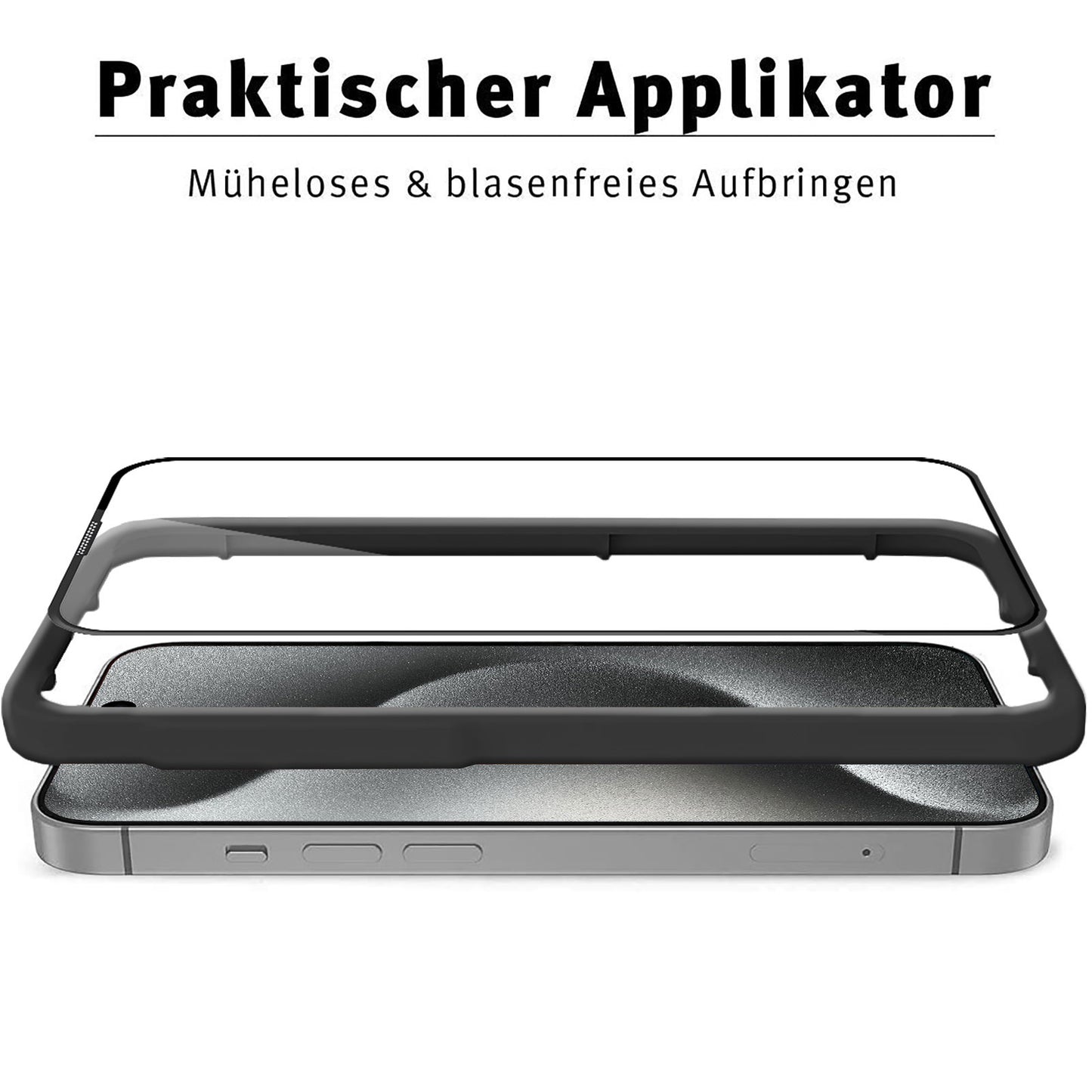 Ein iPhone mit ArktisPRO iPhone 15 Pro FULL COVER Displayschutz GLAS inklusive schwarzem Applikatorrahmen und oleophober Schicht für eine einfache, blasenfreie Anbringung. Hüllenfreundlich, von ArktisPRO.