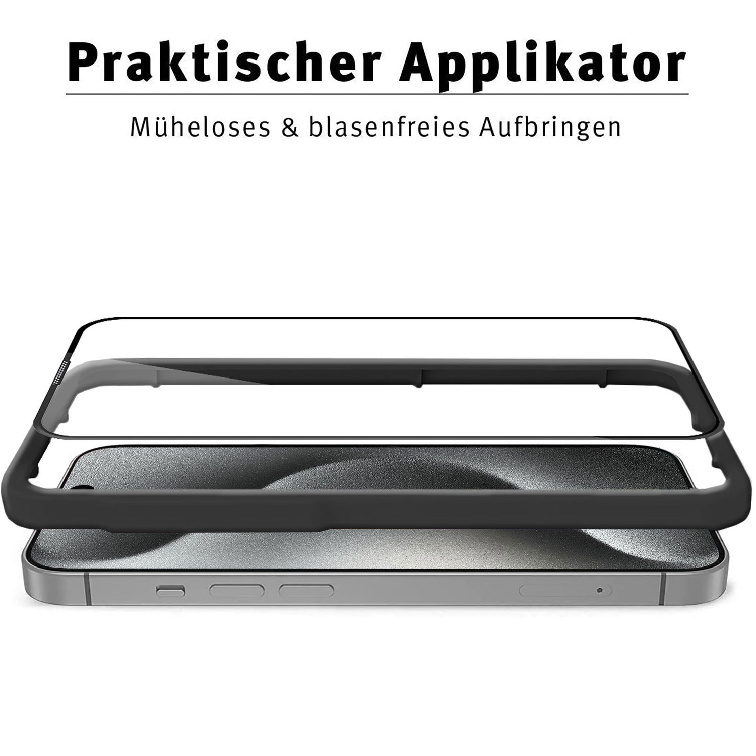 Ein iPhone mit ArktisPRO iPhone 15 Pro FULL COVER Displayschutz GLAS inklusive schwarzem Applikatorrahmen und oleophober Schicht für eine einfache, blasenfreie Anbringung. Hüllenfreundlich, von ArktisPRO.