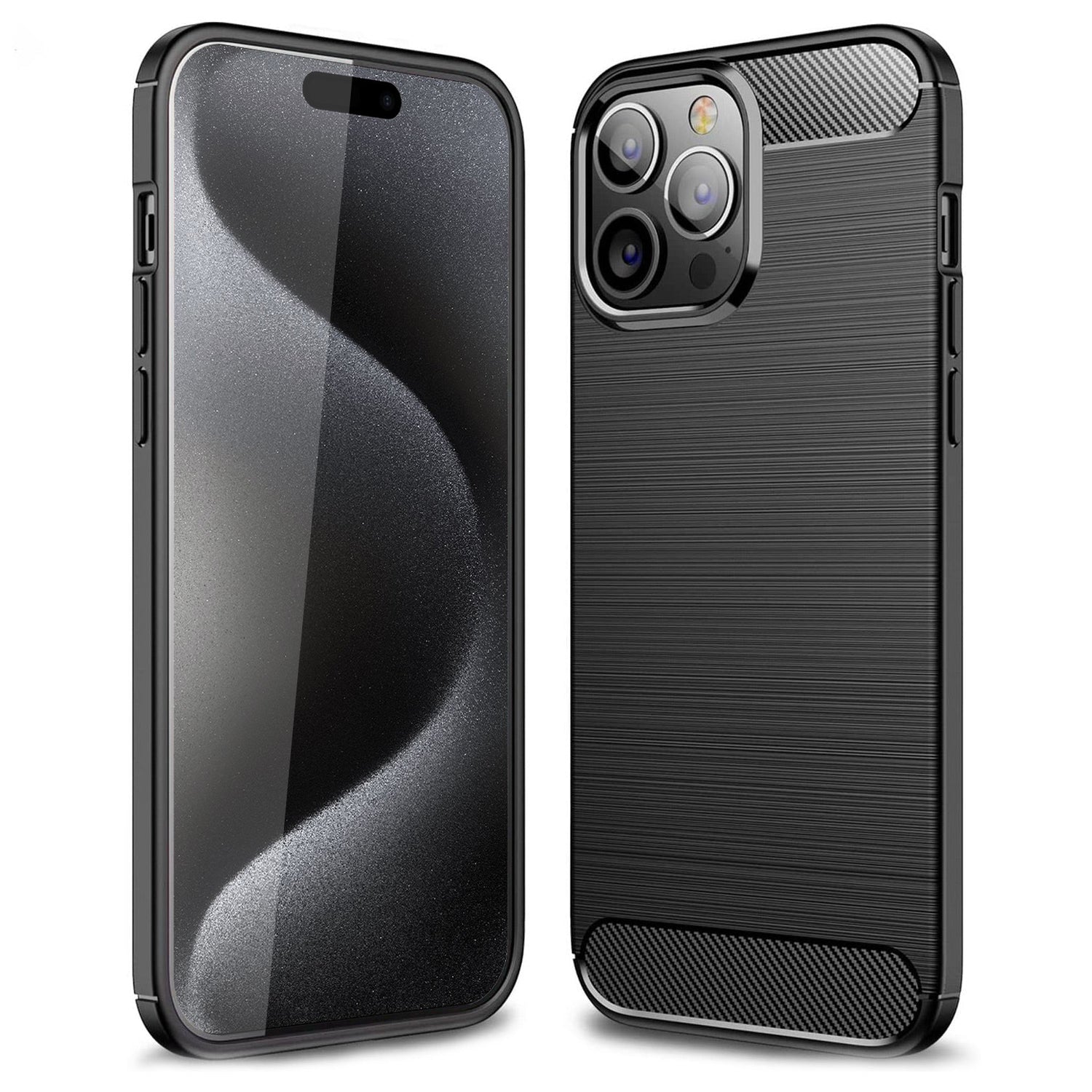 Zwei schwarze ArktisPRO iPhone 15 Pro CarbonFiber TPU-Hüllen, von vorne und hinten abgebildet, zum Schutz von Display und Kamera. Mit Air-Cushion-Technologie und Anti-Fingerprint-Beschichtung. Perfekt als iPhone 15 Pro Schutzhülle.