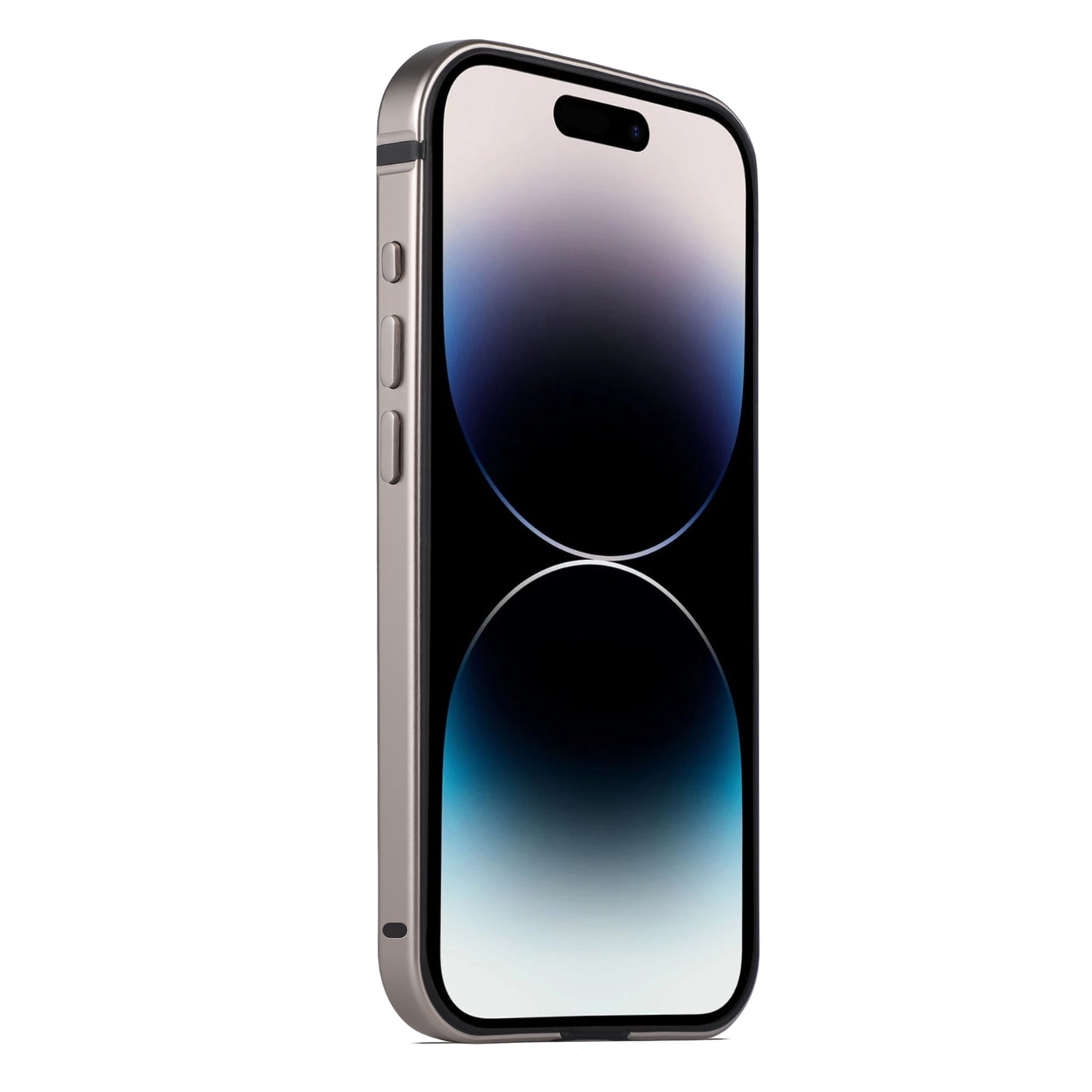 Das Arktis iPhone 15 Pro Case AVANTGARDE zeigt sich auf einem eleganten Smartphone mit Aluminiumrahmen, abgerundeten Ecken, sichtbaren Seitentasten und einem minimalistischen schwarz-blauen Farbverlaufs-Hintergrundbild.
