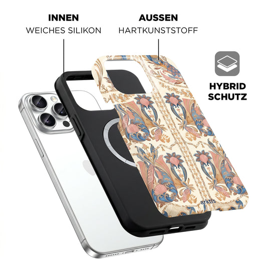 Arktis iPhone 14 Pro Hülle - Peacock Palace: Stilvolles, florales Design mit stoßabsorbierendem TPU-Silikon-Innenlayer und robuster Hartplastik-Außenschale. MagSafe kompatibel für perfekten Hybrid-Schutz.