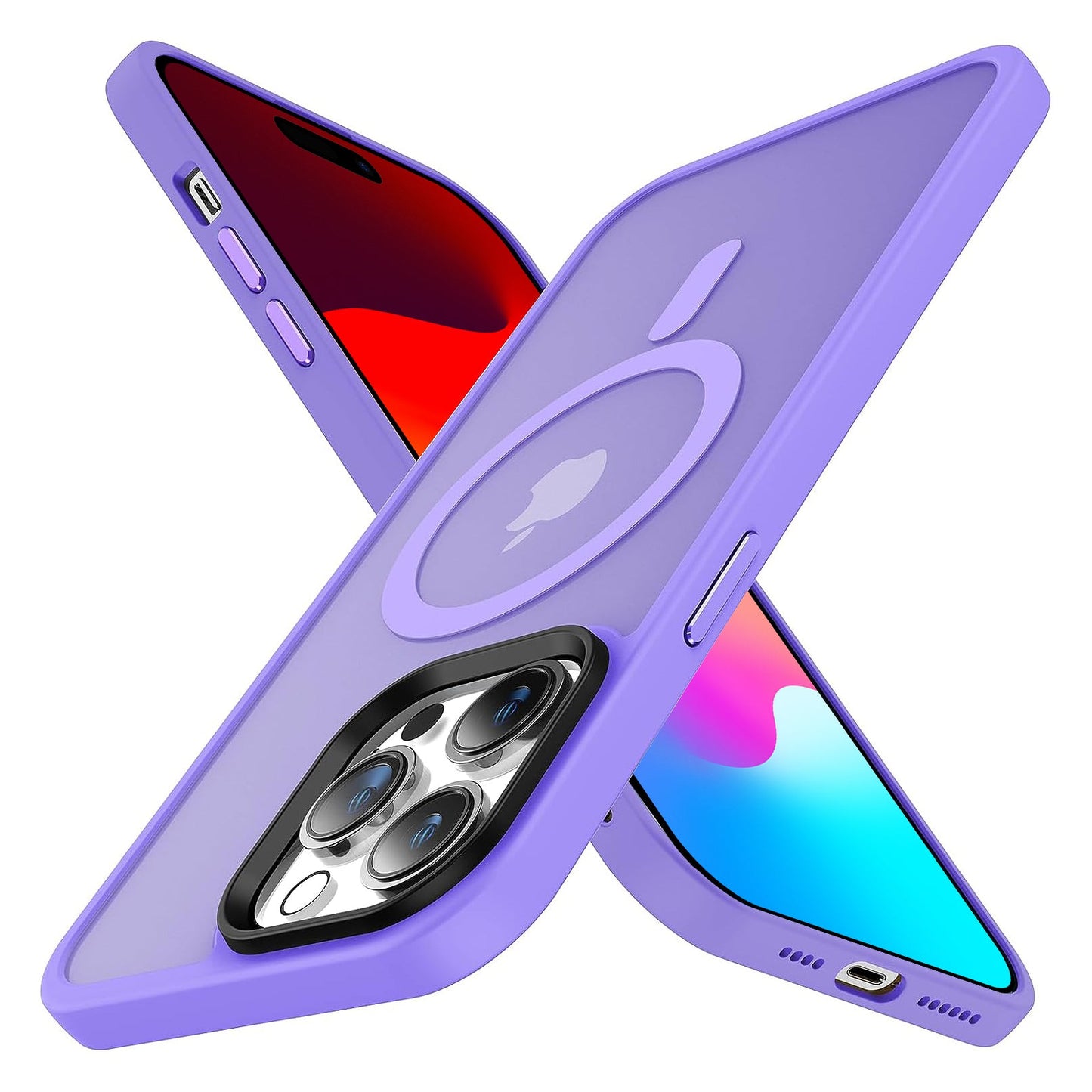 Zwei Smartphones mit dem MR PROTECT iPhone 15 Pro Max MagSafe Case Matt von MR PROTECT kreuzen sich in X-Form. Die Vorderseite zeigt einen farbigen Farbverlauf, während die durchscheinende Rückseite die MagSafe-Kompatibilität und ein kreisförmiges Kameradesign hervorhebt.