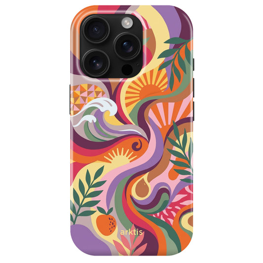 Die arktis iPhone 15 Pro Max Hülle - Summer zeigt abstrakte, von der Natur inspirierte Blumenmuster in Orange, Lila, Grün und Rot. Hergestellt aus stoßabsorbierendem TPU-Silikon, ist sie MagSafe kompatibel für stilvollen Schutz von arktis.