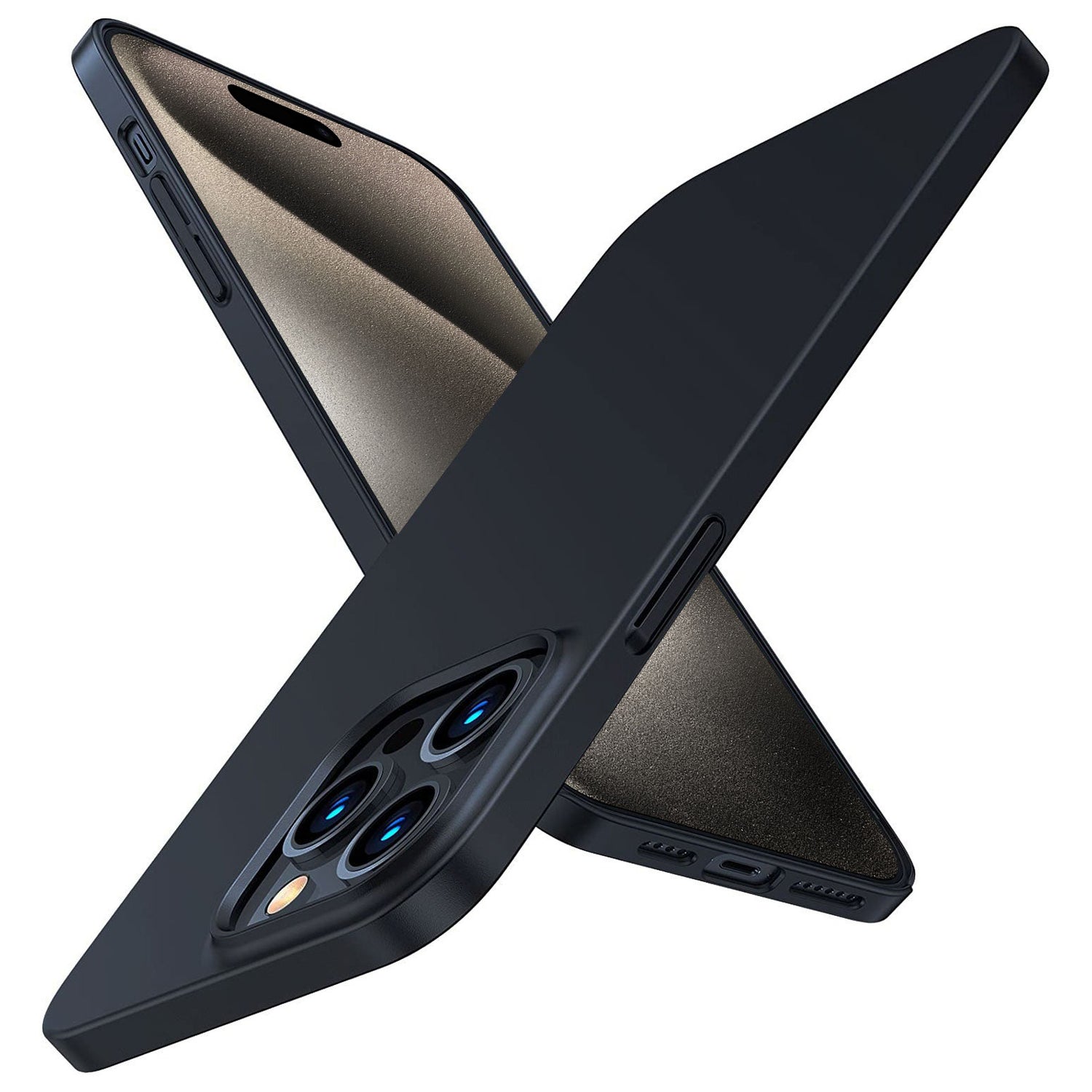 Zwei ArktisPRO iPhone 15 Pro Hülle UltraSlim Hardcase in Mattschwarz sind diagonal auf weißem Hintergrund abgebildet – eine gibt den Blick auf die Kameraseite frei, die andere auf das Display.