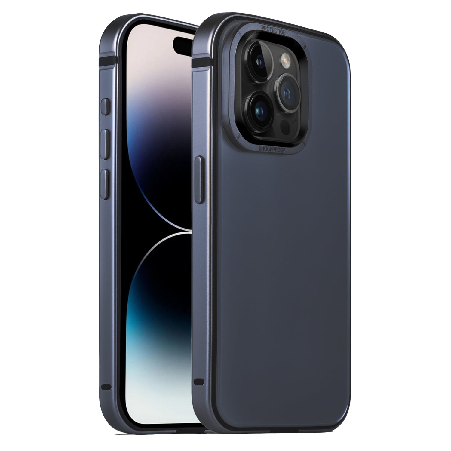 Das Arktis arktis iPhone 15 Pro Max Case AVANTGARDE ist von vorne und hinten in Dunkelblau gehalten und hebt seine Anti-Fingerabdruck-Rückplatte, Kameralinsen, Seitentasten und das schlanke Design für einen modernen Look hervor.