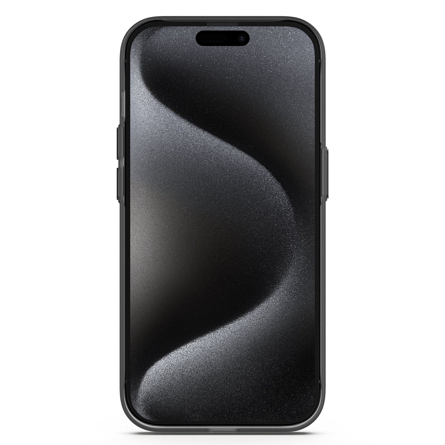 Ein Smartphone von vorne betrachtet in einer MR PROTECT iPhone 15 Pro Max FROZEN-Hülle aus robustem Polycarbonat mit durchscheinender Optik und einem wellenförmigen Muster mit schwarzer Sandstruktur auf dem Bildschirm.