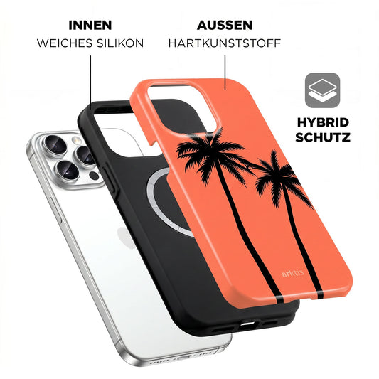 Die arktis iPhone 14 Pro Max Hülle - Coral Coast bietet ein Palmen-Design, MagSafe-Kompatibilität, TPU-Silikon-Innenseite und Hartplastik-Außenseite für hybriden Schutz.