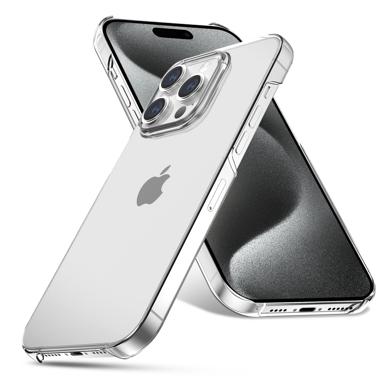 Zwei iPhone 15 Pro Max sind in der ArktisPRO iPhone 15 Pro Max Hülle ORIGINAL Premium Hardcase – Klar zu sehen, eines mit Display-, das andere mit Logo-Ansicht. Beide liegen stilvoll vor weißem Hintergrund.