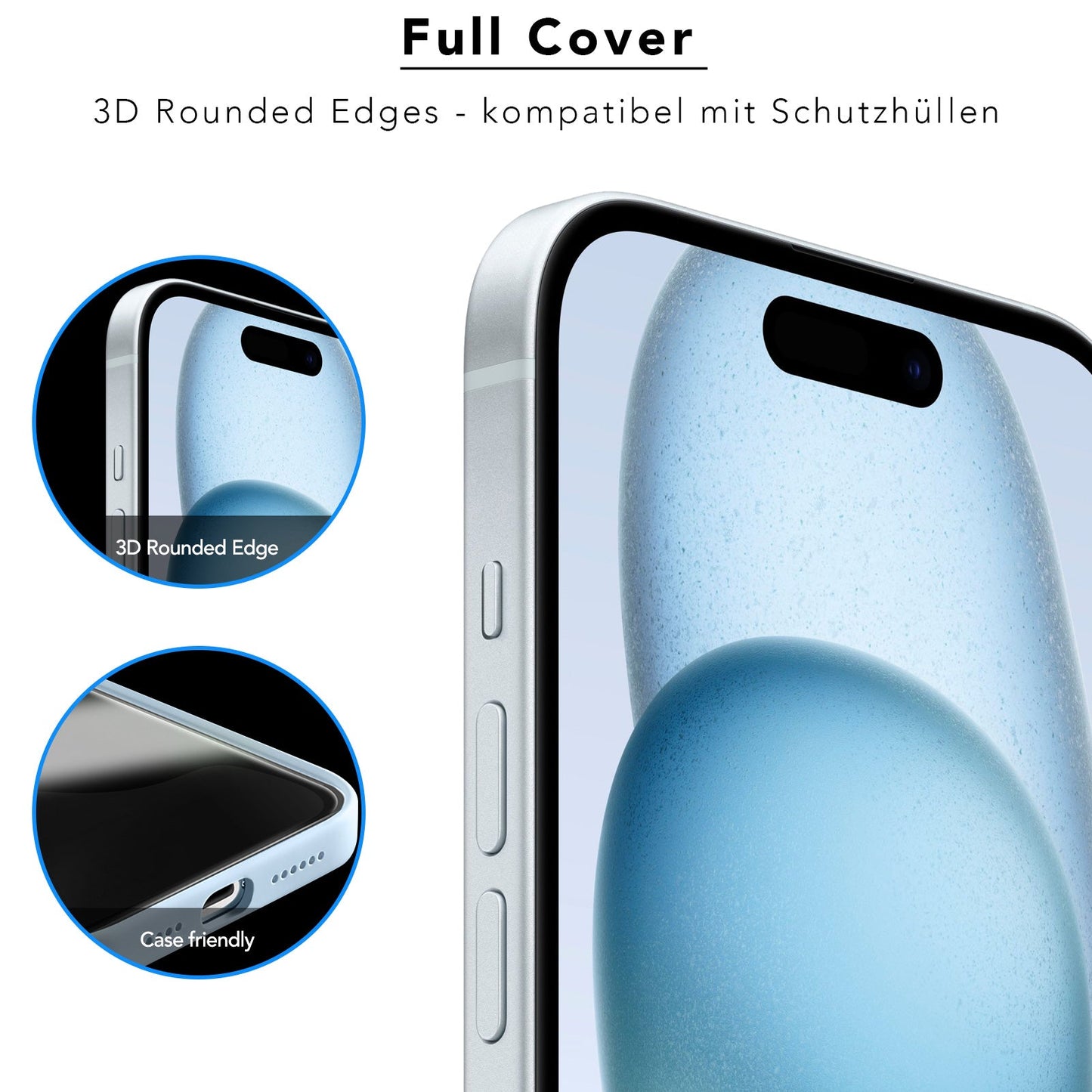 Nahaufnahme eines Smartphones mit dem Arktis 2er Set iPhone REVOLUTION Glas-Displayschutz mit 3D-abgerundeten Kanten und hüllenfreundlichem Design. Deutscher Text hebt die Kompatibilität mit Schutzhüllen hervor.