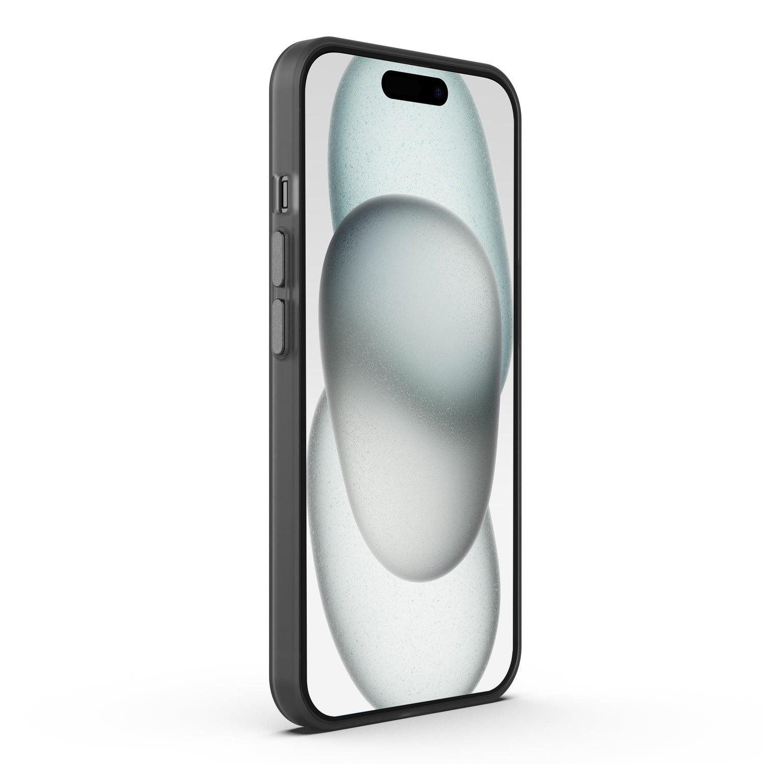 Das MR PROTECT iPhone 15 Plus FROZEN Case, eine transluzente Optik-Polycarbonat-Schutzhülle, schützt ein aufrecht stehendes schwarzes Smartphone mit weißem abstraktem Hintergrundbild – ideal für Ihr iPhone 15 Plus.
