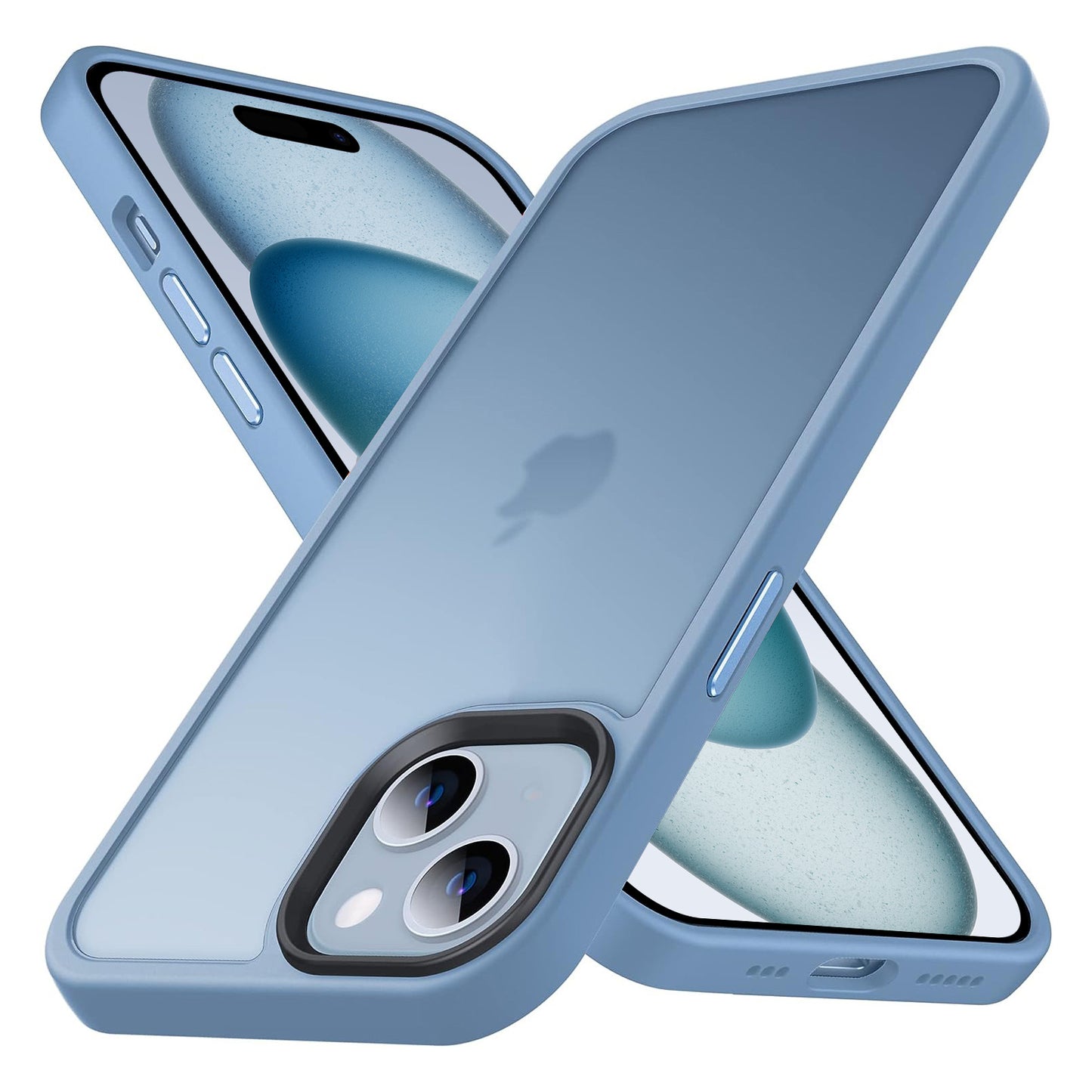 Zwei blaue MR PROTECT iPhone 15 Case Matt Hüllen sind in X-Form gekreuzt. Die Rückseite besticht durch den minimalistischen Matt-Look und die Kameraaussparung; die Vorderseite zeigt das Display, die Seitentasten und das stoßdämpfende TPU-Silikon-Design.