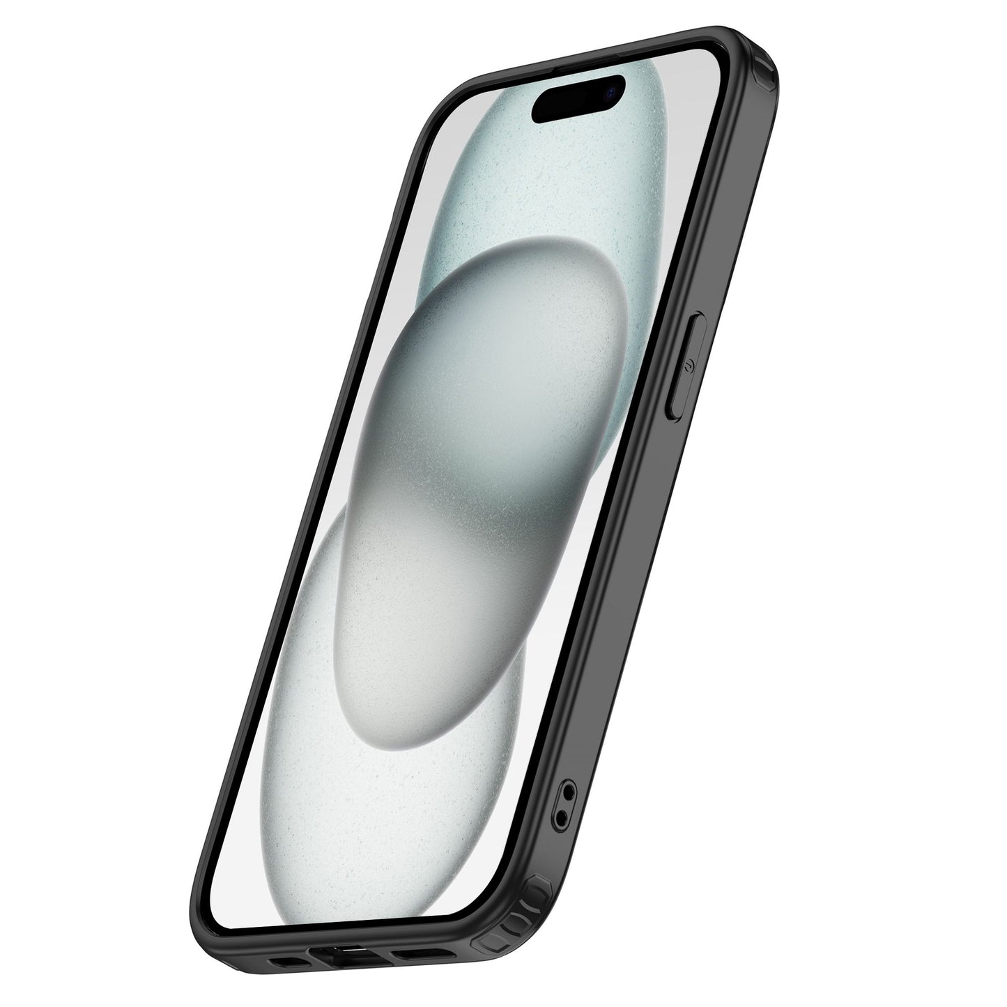 Ein schwarzes iPhone 15 Plus im ArktisPRO iPhone 15 Plus SECTOR Case aus stoßdämpfendem TPU, schräg abgebildet. Der Bildschirm zeigt ein minimalistisches Hintergrundbild mit zwei überlappenden grauen Formen auf hellem Hintergrund.