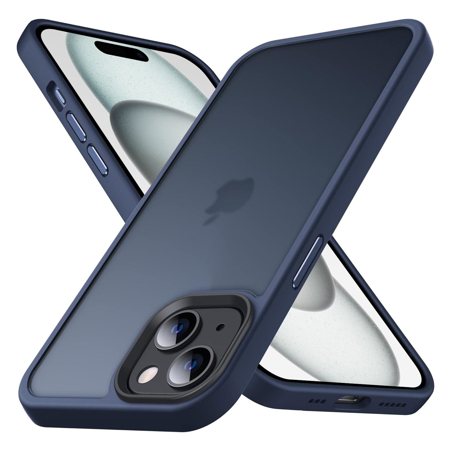 Zwei MR PROTECT iPhone 15 Case Matt in Dunkelblau sind X-förmig angeordnet, um Vorder- und Rückseite zu zeigen. Sie zeichnen sich durch ein minimalistisches, mattes Finish, eine durchscheinende Rückseite, erhöhte Kanten zur Stoßdämpfung und präzise Aussparungen für Kamera und Tasten aus.
