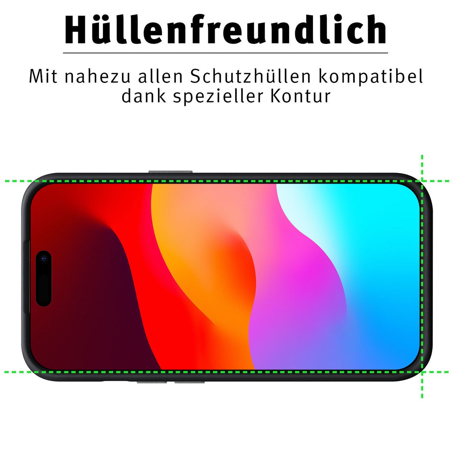 Die arktis iPhone Air Schutzfolie HYBRID 3D betont mit grün gestrichelter Linie das hüllenfreundliche Design und bietet optimalen Displayschutz für dein iPhone.