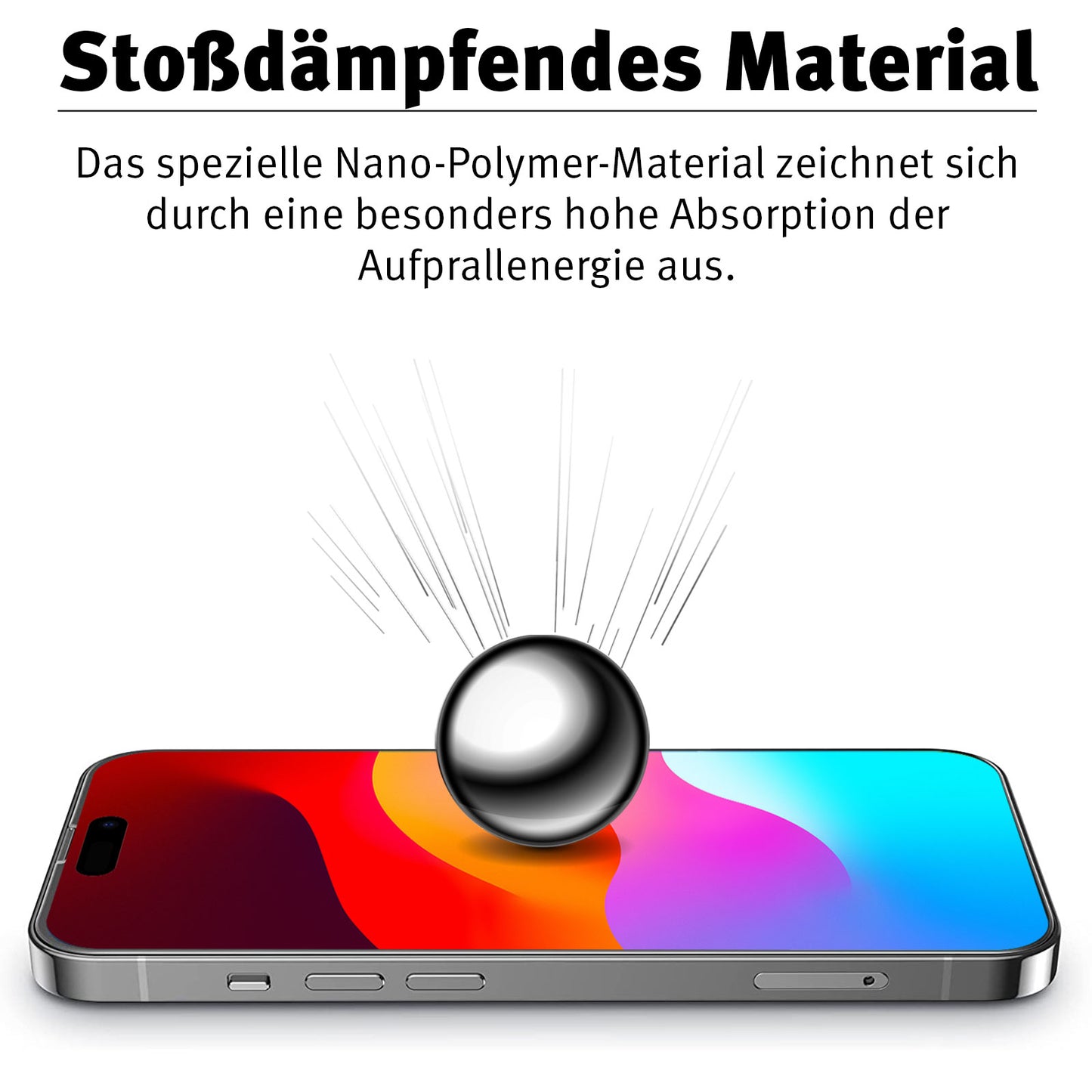 Eine Metallkugel trifft auf das Handy und zeigt das stoßabsorbierende Nano-Polymer-Material der arktis iPhone Air Schutzfolie HYBRID 3D von arktis.