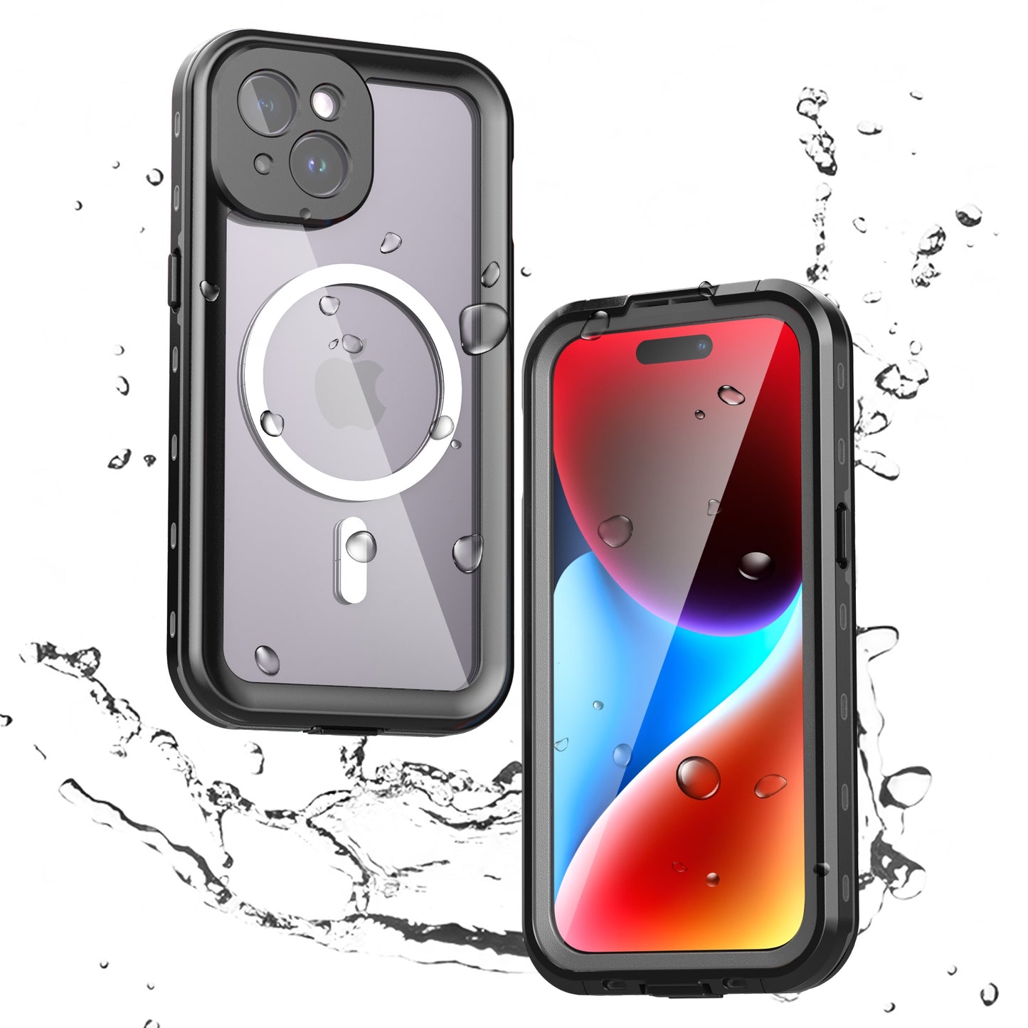 Zwei iPhones im ArktisPRO iPhone 15 Plus Wasserdichtes Actioncase ULTIMATE, abgebildet mit Wasserspritzern auf und um sie herum, veranschaulichen, dass die Smartphone-Hüllen der Marke dem IP68-Standard entsprechen.