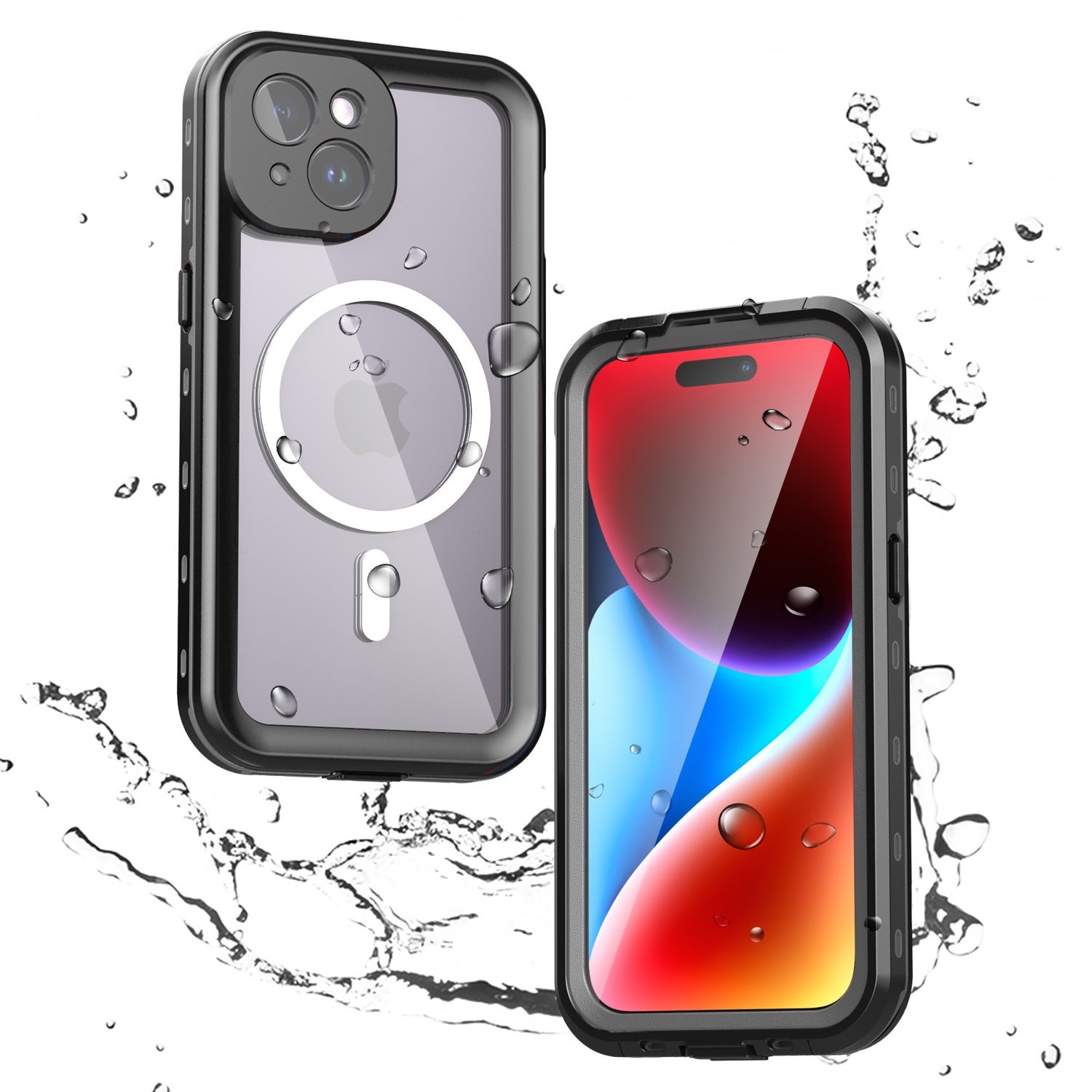 Zwei iPhones im ArktisPRO iPhone 15 Plus Wasserdichtes Actioncase ULTIMATE, abgebildet mit Wasserspritzern auf und um sie herum, veranschaulichen, dass die Smartphone-Hüllen der Marke dem IP68-Standard entsprechen.