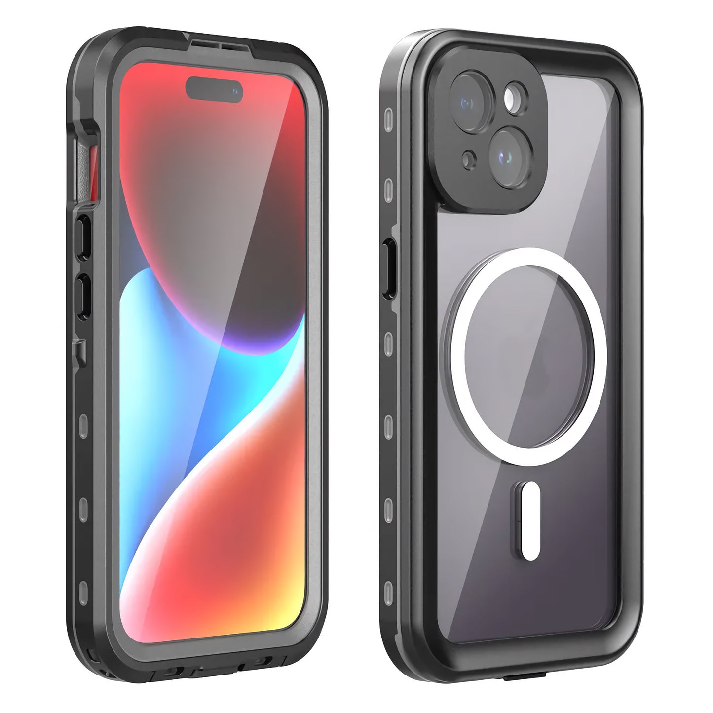 Vorder- und Rückansicht des ArktisPRO iPhone 15 Plus Wasserdichtes Actioncase ULTIMATE: ein robustes, schwarzes, stoßfestes, wasserdichtes Gehäuse mit MagSafe-Ring, das dem IP68-Standard für höchsten Schutz vor Stürzen und Wasser entspricht.