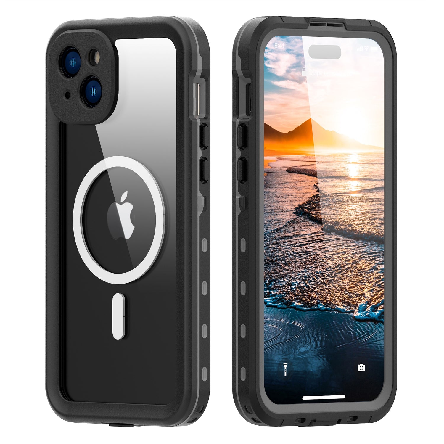Das ArktisPRO iPhone 15 Plus Wasserdichtes Actioncase ULTIMATE ist ein robustes schwarzes MagSafe-Gehäuse, stoßfest und IP68-zertifiziert, von Vorder- und Rückseite mit einem Sonnenuntergangs-Hintergrundbild dargestellt.