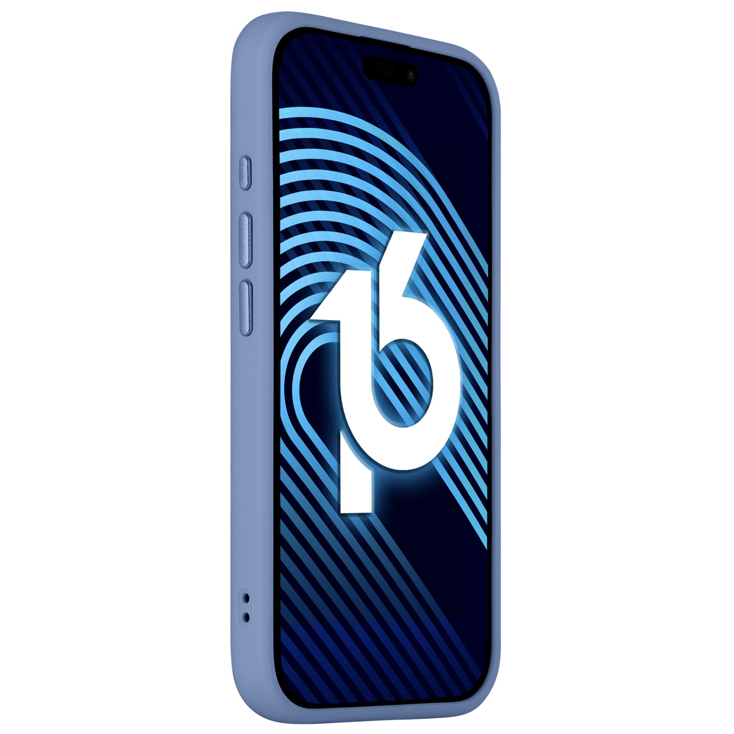 Das Arktis iPhone 16 Solid Case von Arktis verfügt über ein blaues, minimalistisches, mattes Design mit einer stilisierten Zahl 16 und blauen Streifenmustern auf dem Bildschirm.
