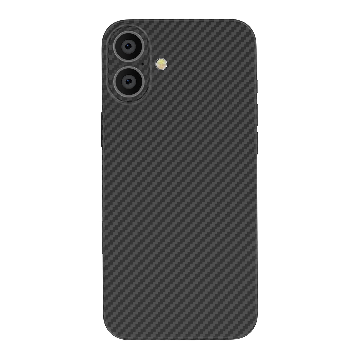 Das arktis iPhone 16 Carbon Case von arktis verfügt über eine schwarze Carbonfasertextur, ist MagSafe-kompatibel und passt für ein iPhone 16 mit zwei Rückkameras (von hinten abgebildet).