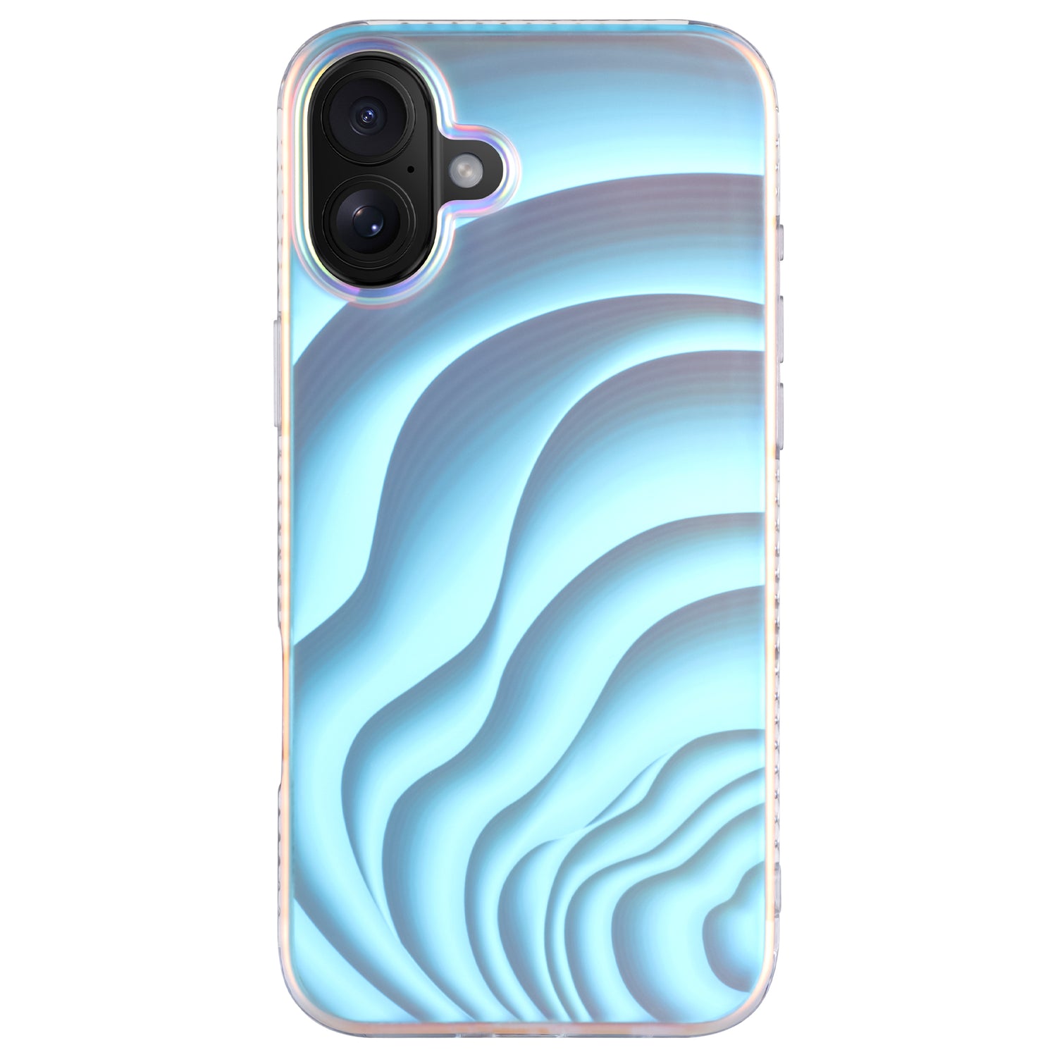 Die arktis iPhone 16 Hülle „Pearl“ ist eine TPU-Silikonhülle mit einem blauen, wellenförmigen abstrakten Muster, Perlmutt-Style-Finish und einer Aussparung für zwei Kameras in der oberen linken Ecke.