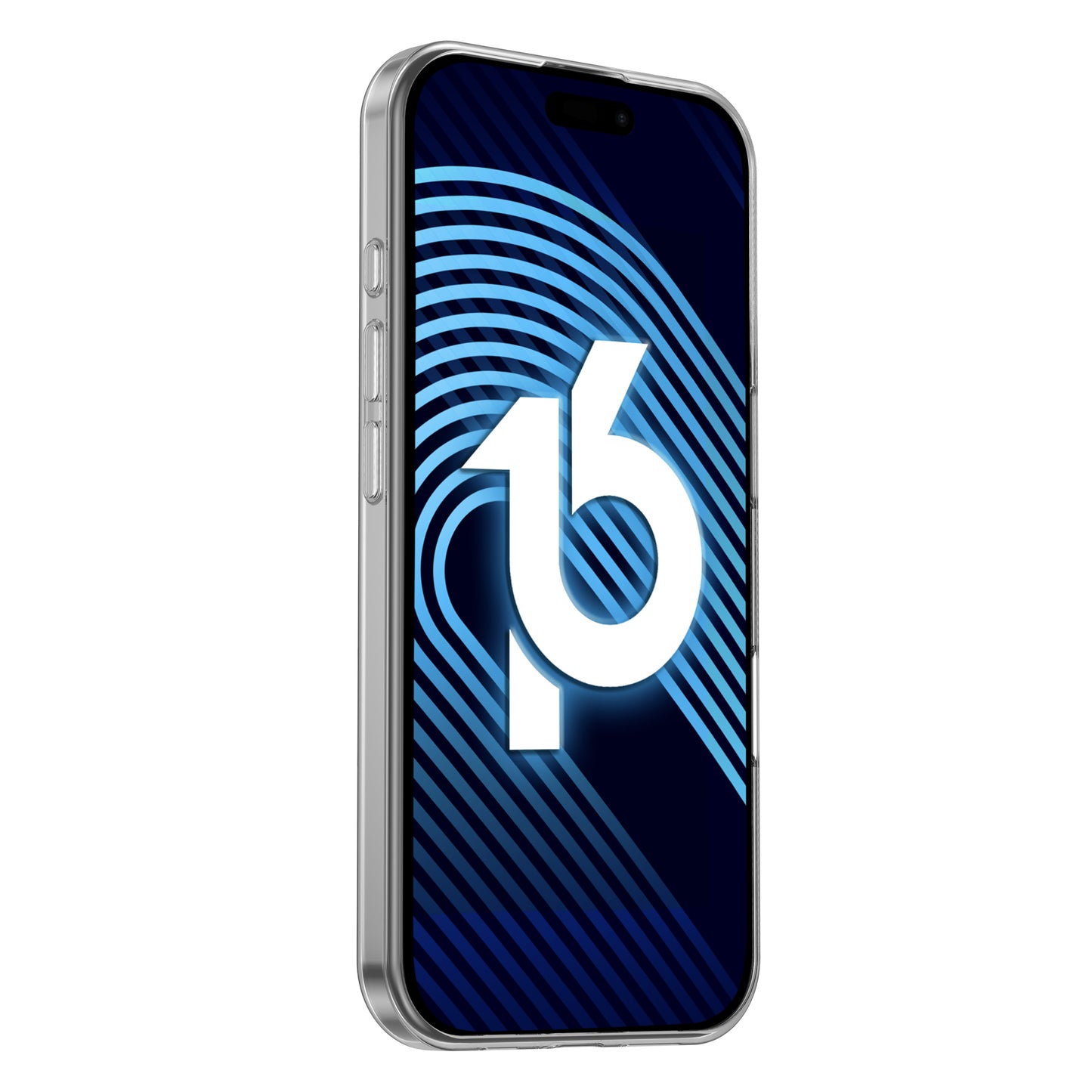 Das arktis iPhone 16 Air Case ultradünn von arktis verfügt über einen ultradünnen Metallrahmen und einen dunklen Bildschirm mit blauer Grafik, der eine große weiße „16“ und ein kreisförmiges Symbol in der Mitte zeigt.