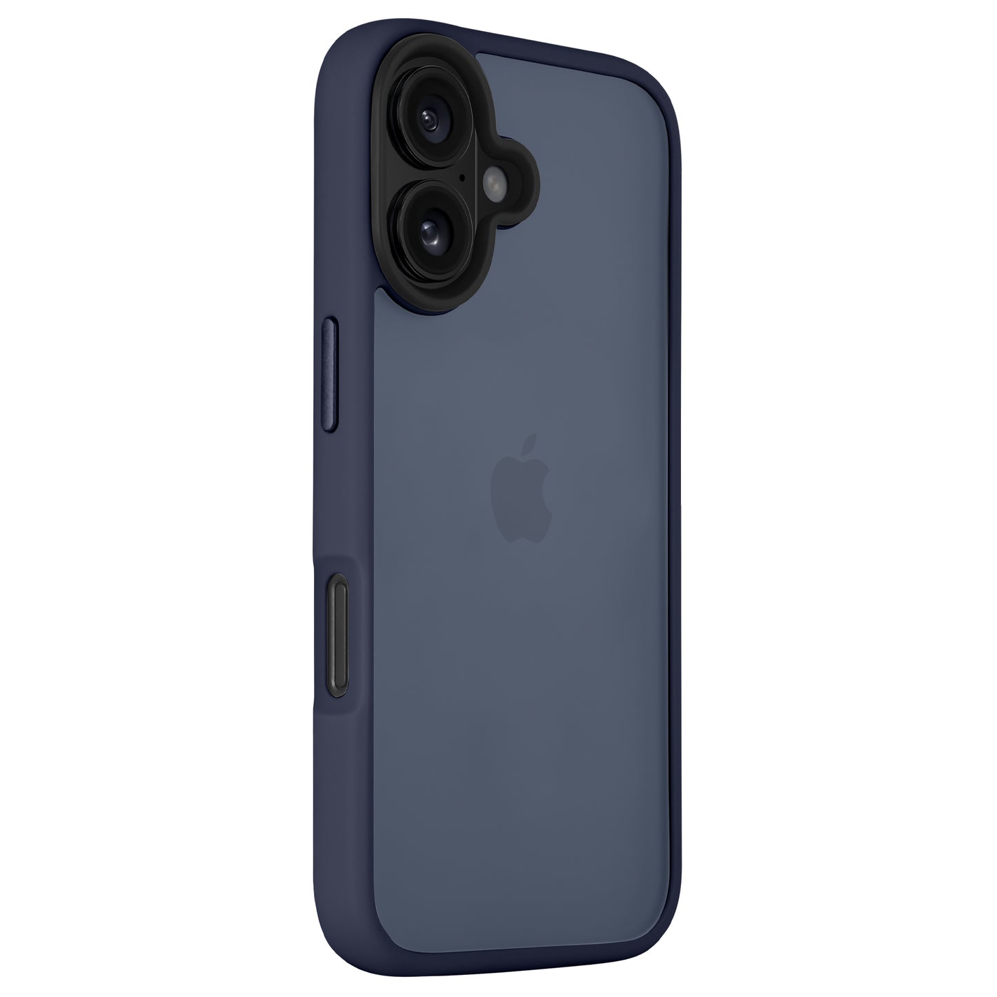 Blaues iPhone mit dem Arktis iPhone 16 Solid Case von Arktis in minimalistischer Mattoptik, aus stoßabsorbierendem TPU-Silikon, mit Sicht auf die Rückkamera und das Apple-Logo.