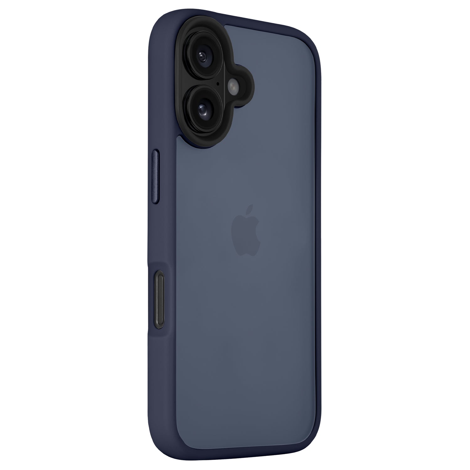 Blaues iPhone mit dem Arktis iPhone 16 Solid Case von Arktis in minimalistischer Mattoptik, aus stoßabsorbierendem TPU-Silikon, mit Sicht auf die Rückkamera und das Apple-Logo.