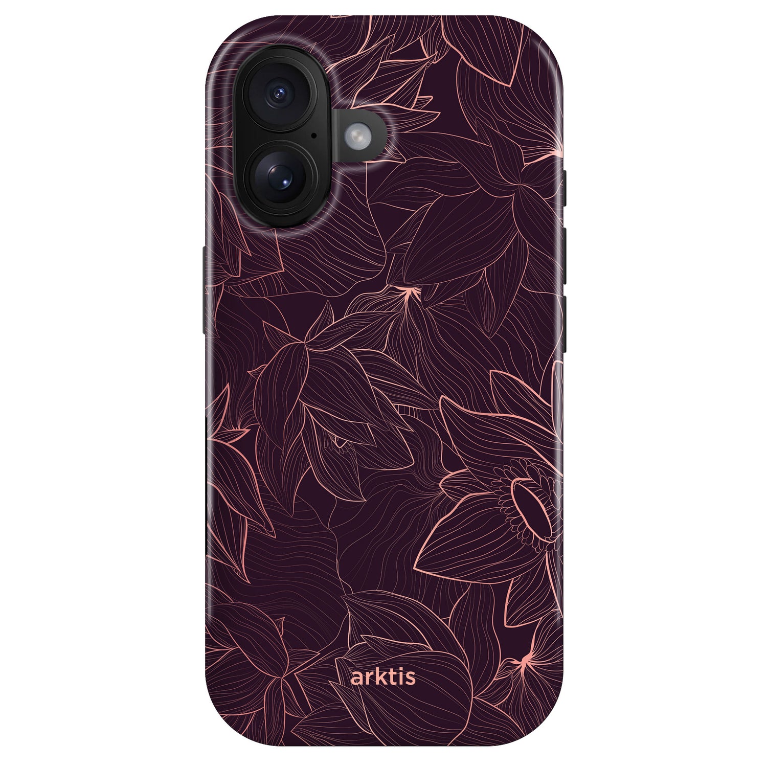 Das arktis iPhone 16 Plus Fashion Case – Floral Beauty verfügt über einen dunklen Hintergrund mit hellrosa umrandeten Blumen und besteht aus strapazierfähigem Polycarbonat und TPU-Silikon für zusätzlichen Schutz.