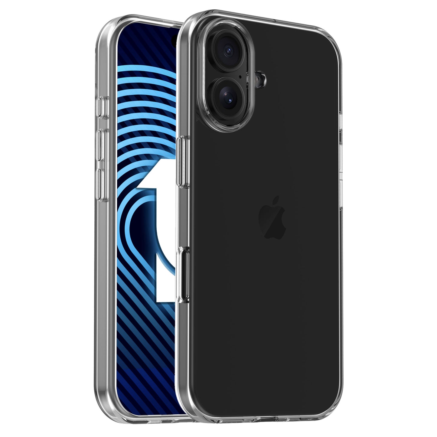 Zwei Smartphones mit arktis iPhone 17 Invisible Case - das eine zeigt die elegante Rückseite, das andere den blau gemusterten Bildschirm. Diese arktis Hülle schützt Ihr Gerät und lässt sein Design durchscheinen.