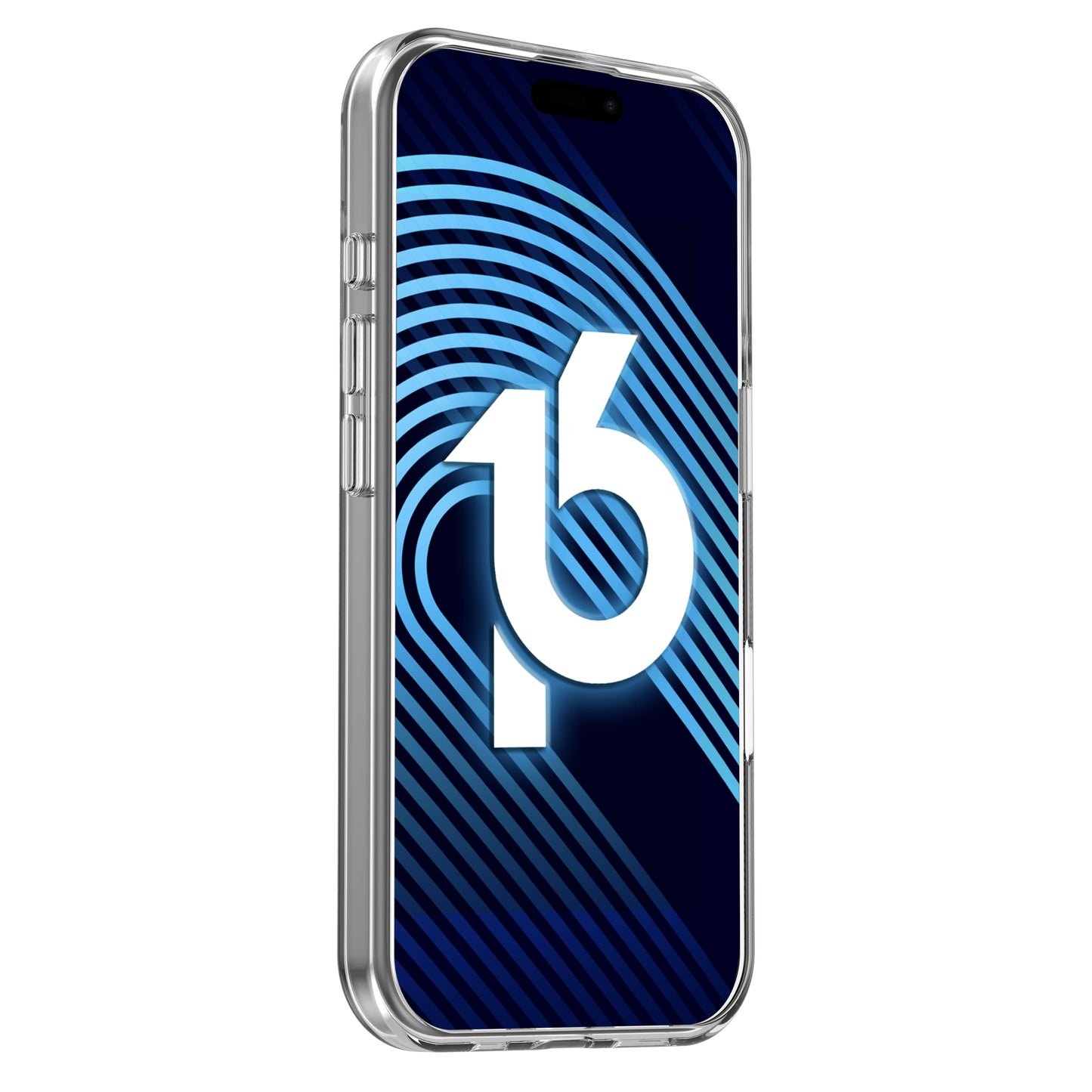 Ein Smartphone mit blauem abstraktem Muster, eine fette weiße 16 auf dem Bildschirm, geschützt durch das arktis iPhone 17 Invisible Case von arktis.