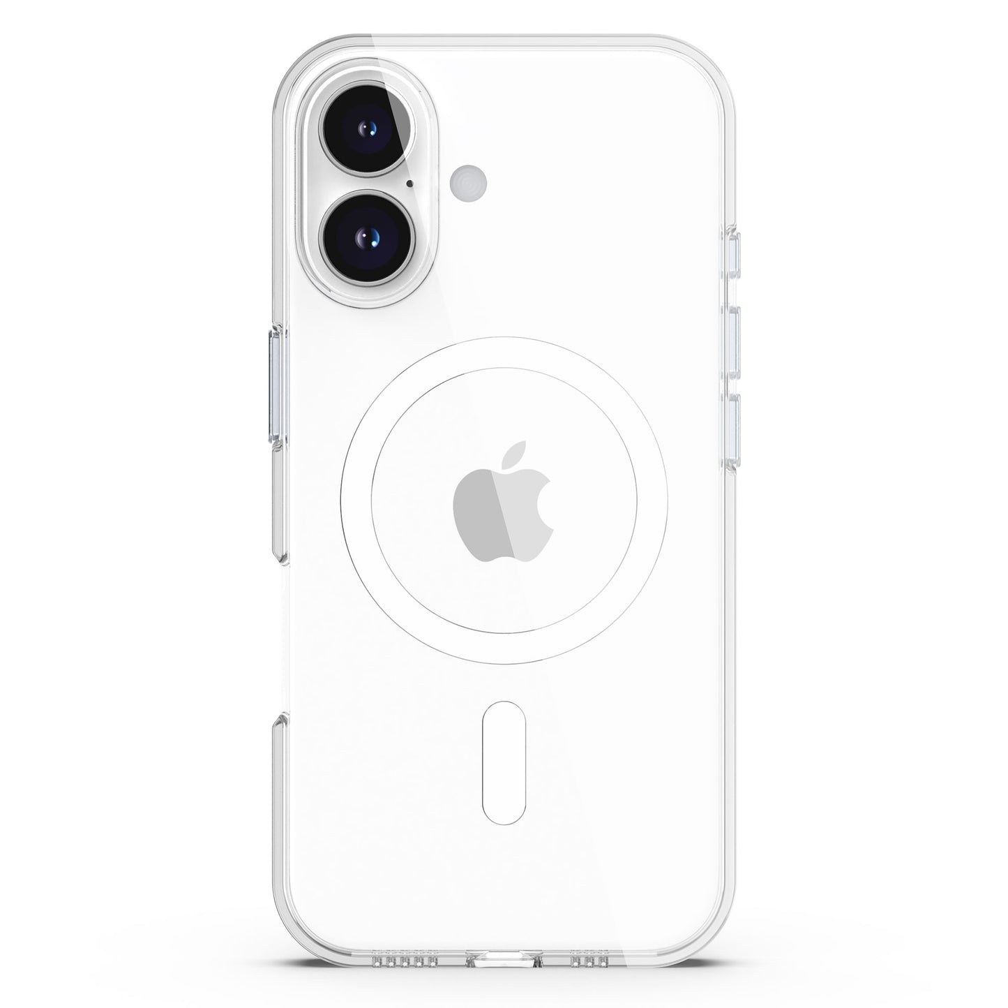 Das arktis iPhone 16 Clear Case mit MagSafe von arktis zeigt das Apple-Logo auf einem weißen iPhone mit Doppelkamera und bietet zuverlässigen Schutz und nahtlose MagSafe-Ladekompatibilität.
