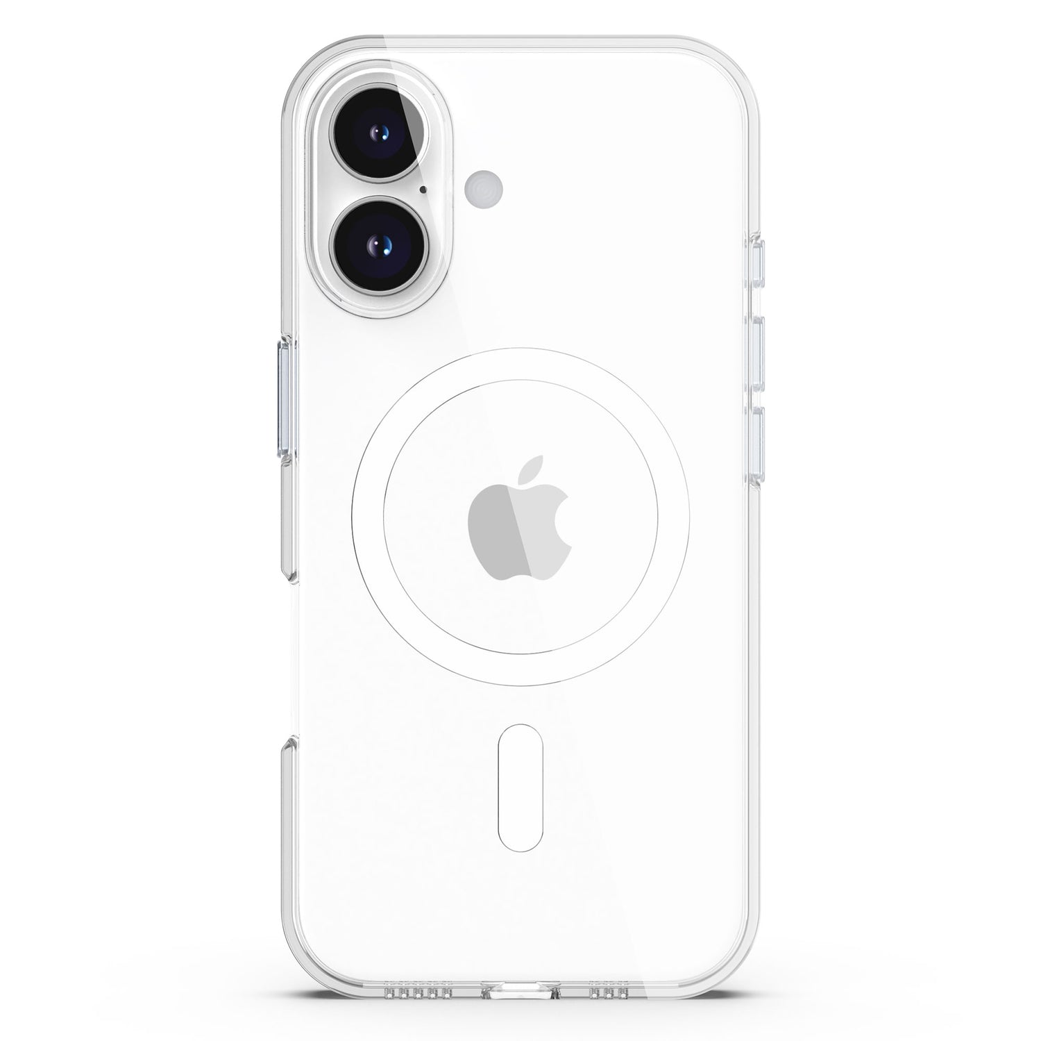 Das arktis iPhone 16 Clear Case mit MagSafe von arktis zeigt das Apple-Logo auf einem weißen iPhone mit Doppelkamera und bietet zuverlässigen Schutz und nahtlose MagSafe-Ladekompatibilität.