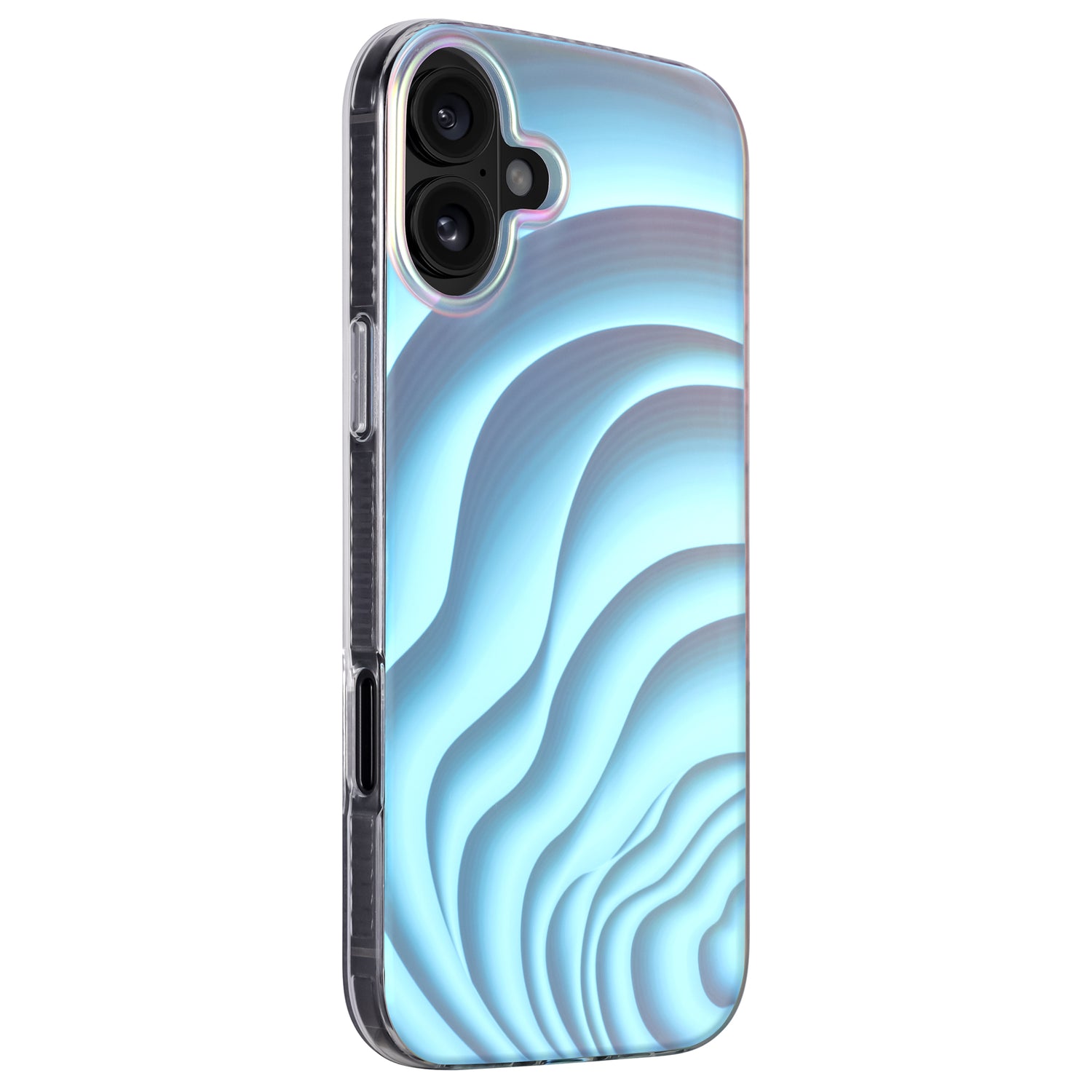 Die arktis iPhone 16 Hülle „Pearl“ von arktis zeigt auf ihrer klaren, flexiblen TPU-Silikonhülle ein blaues, wellenförmiges, abstraktes Design im Perlmutt-Stil, dargestellt aus einer schrägen Seitenansicht.