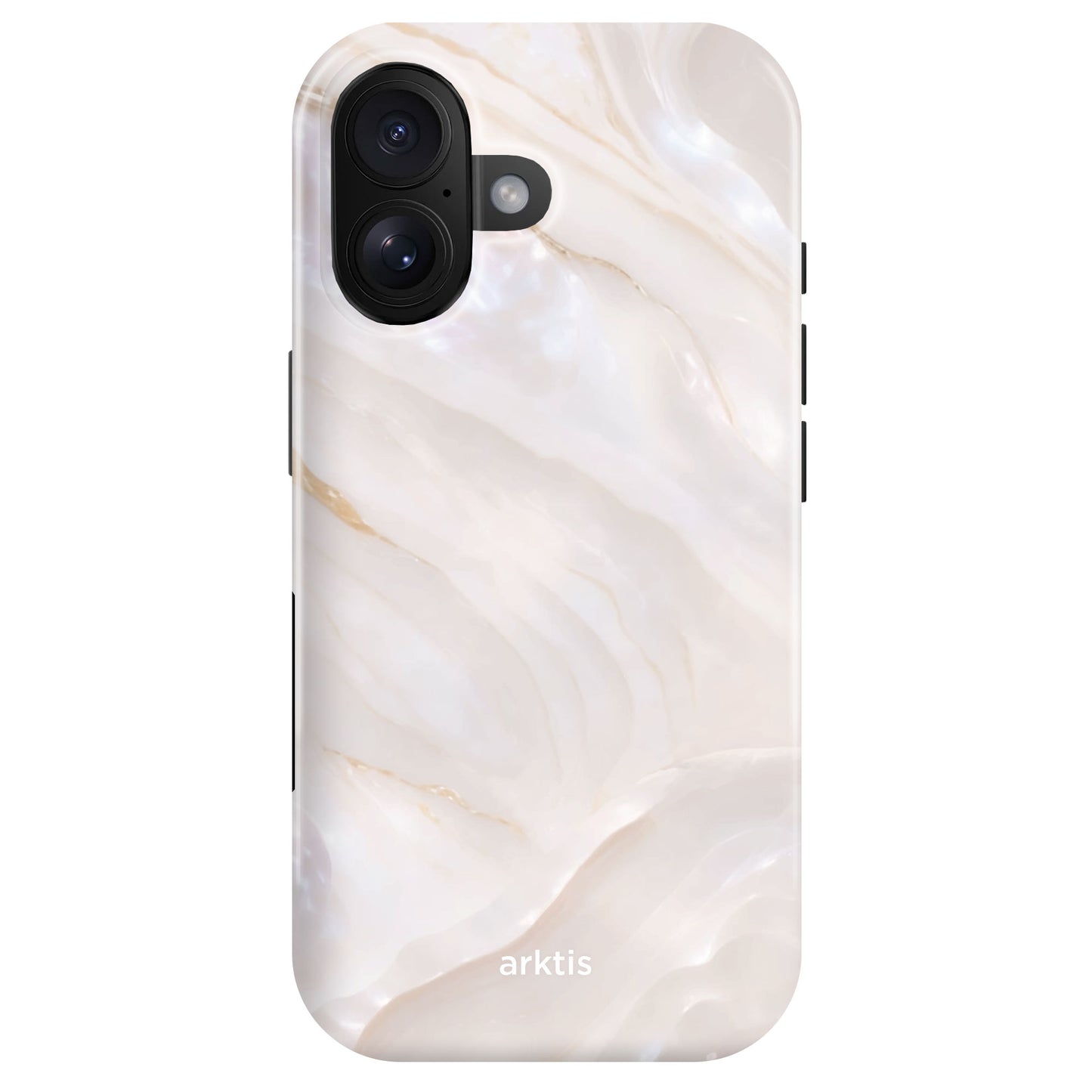 Das arktis iPhone 16 Plus Fashion Case – Smooth Marble verfügt über elegante weiße und beige Wirbel mit dem Text „arktis“ am unteren Rand und ist für zusätzlichen Schutz aus strapazierfähigem Polycarbonat gefertigt.